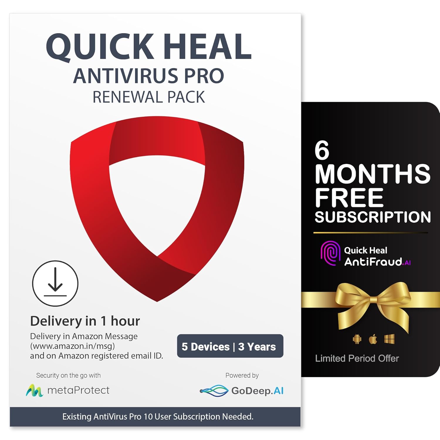 Quick Heal Antivirus Pro Renewal | Windows PC/Laptop | 5 User, 3 Year | Existing AV Pro Subscription Required | Email Delivery in 1 hr |+ 6 month AntiFraud.AI for IOS/Android