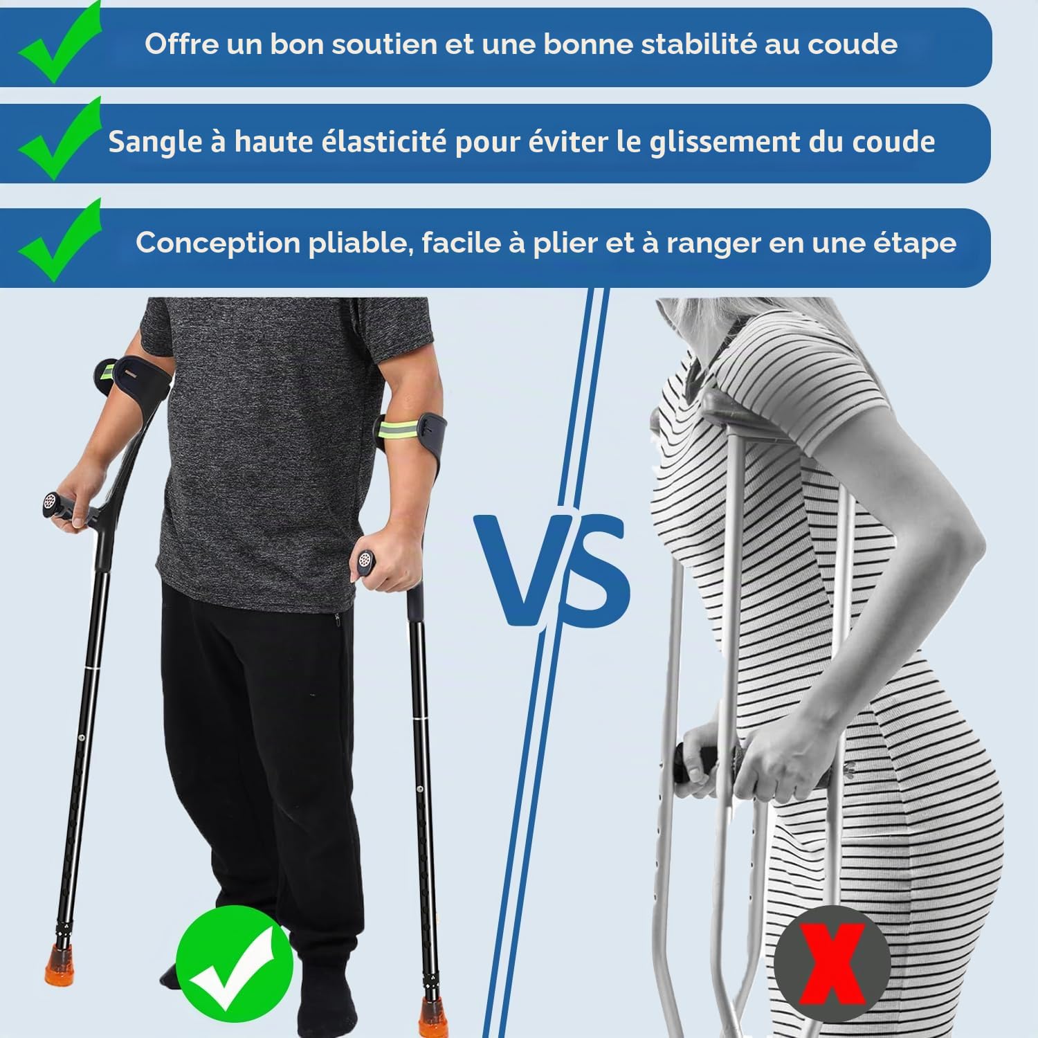 Lot de 2 béquilles pliantes pour adultes, béquilles légères pour adultes, femmes, hommes, personnes âgées, hauteur réglable avec poignée confortable, béquilles noires pour aides à la marche