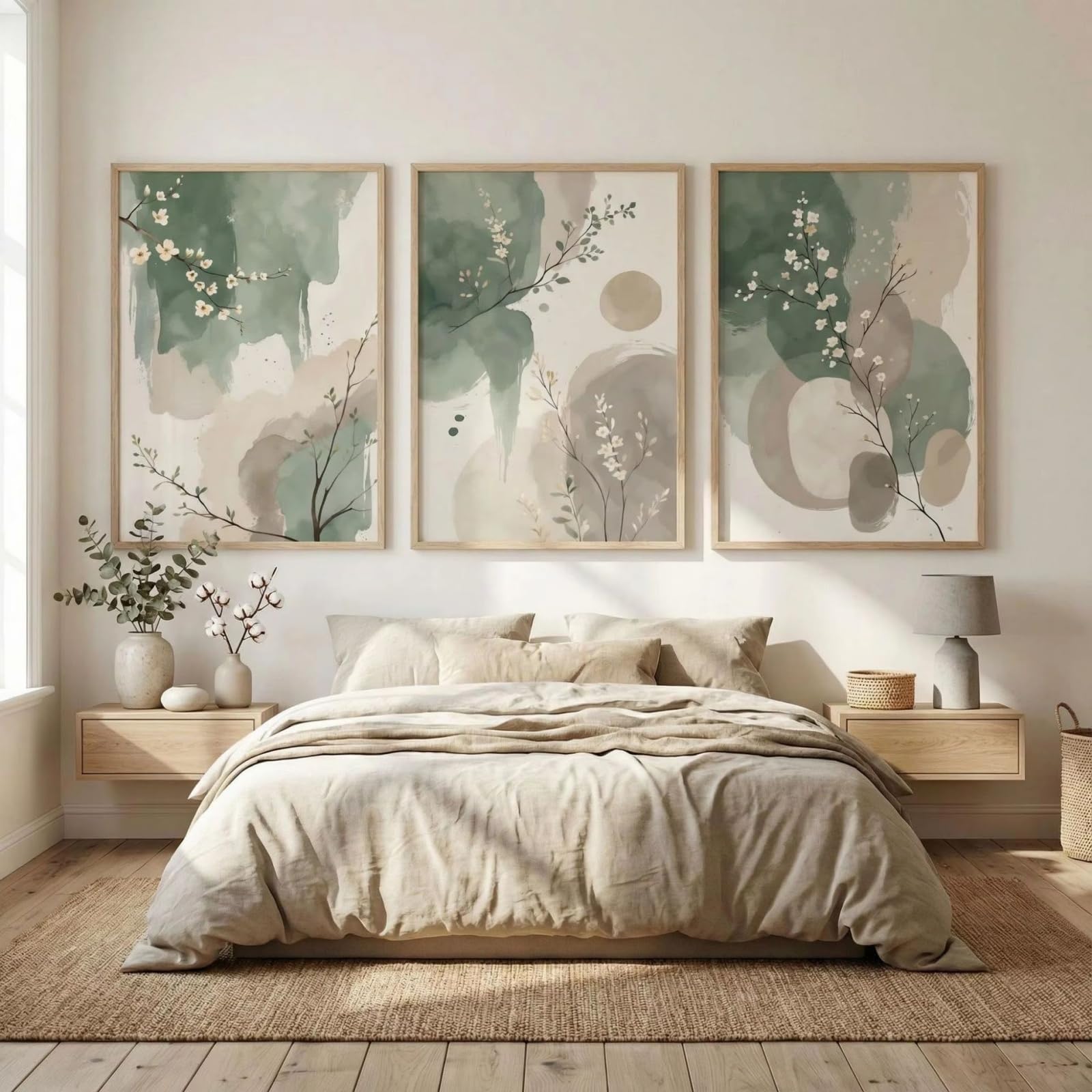 Sage Green Beige Canvas Wall Art Set of 3, Wabi Sabi Watercolour Botanical Posters Prints for Bedroom Living Room Decor, 21x30-50x70cm, Unframed (50x70 cm,A)