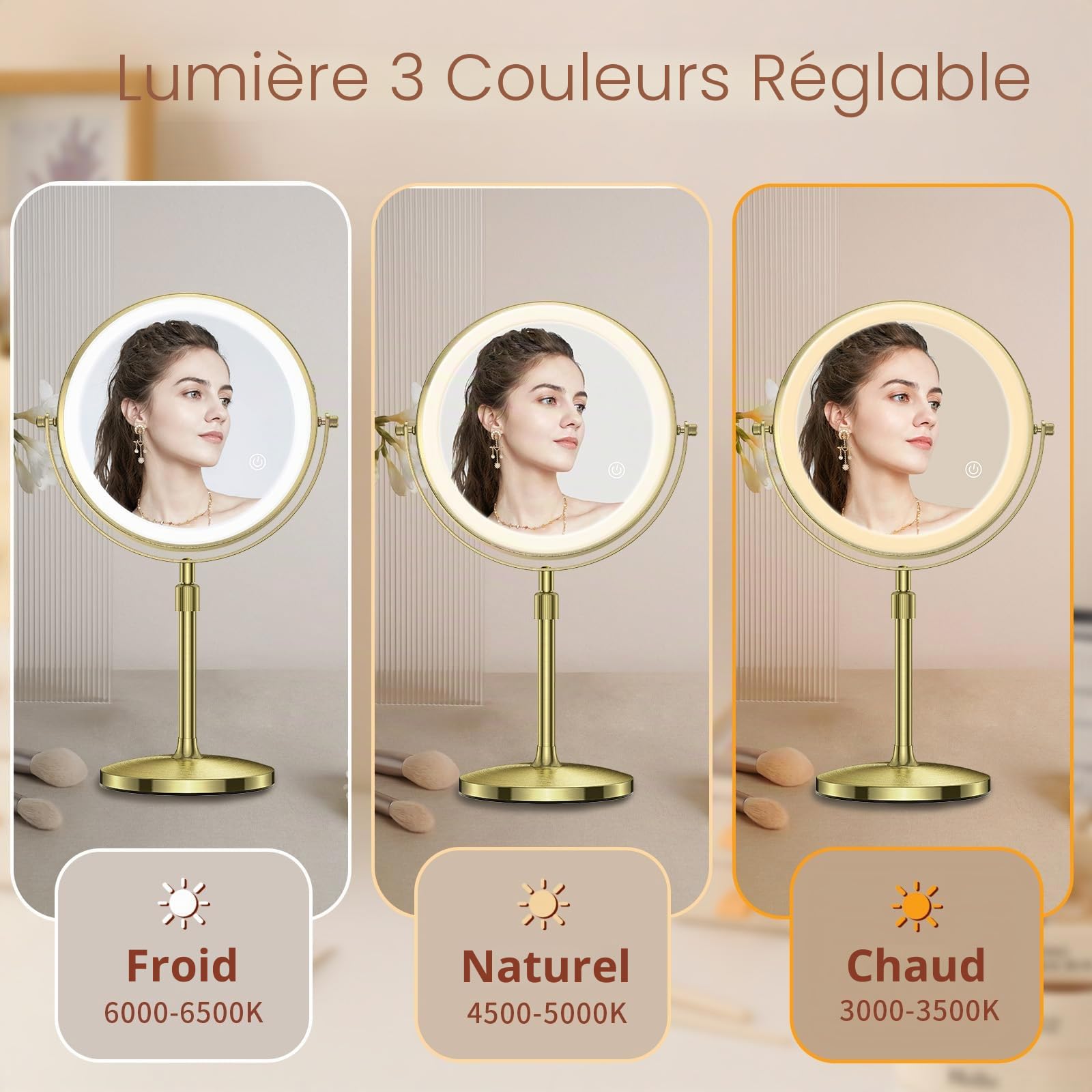 MATEPROX Miroir de Maquillage Rétro Européen avec Lumière Miroir Haute Définition à Hauteur Réglable, 3 Modes d'Éclairage, Grossissement 1x/10x, Rotation à 360 Degrés-Or