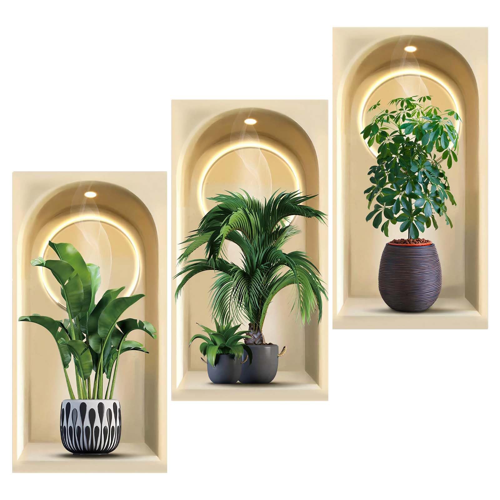 3 Pcs 3D Plants Green Plant Wall Sticker Potted Plant Wall 3D Art Sticker Simulated Green Potted Plant Wallpaper 3D Plant Wall Stickers Leaves Mural Vinyl Bathroom Wall Murals for Bedrooms Decorative
