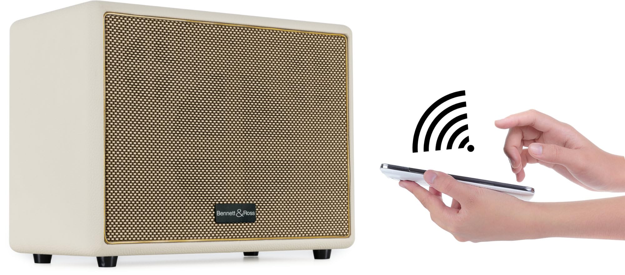 Bennett & Ross BB-880CW Blackmore Giant – głośnik retro Bluetooth o wyglądzie skóry – funkcja TWS – głośnik vintage o mocy 2 x 40 W – wejście USB z odtwarzaczem MP3 – złącze AUX – kremowo-biały