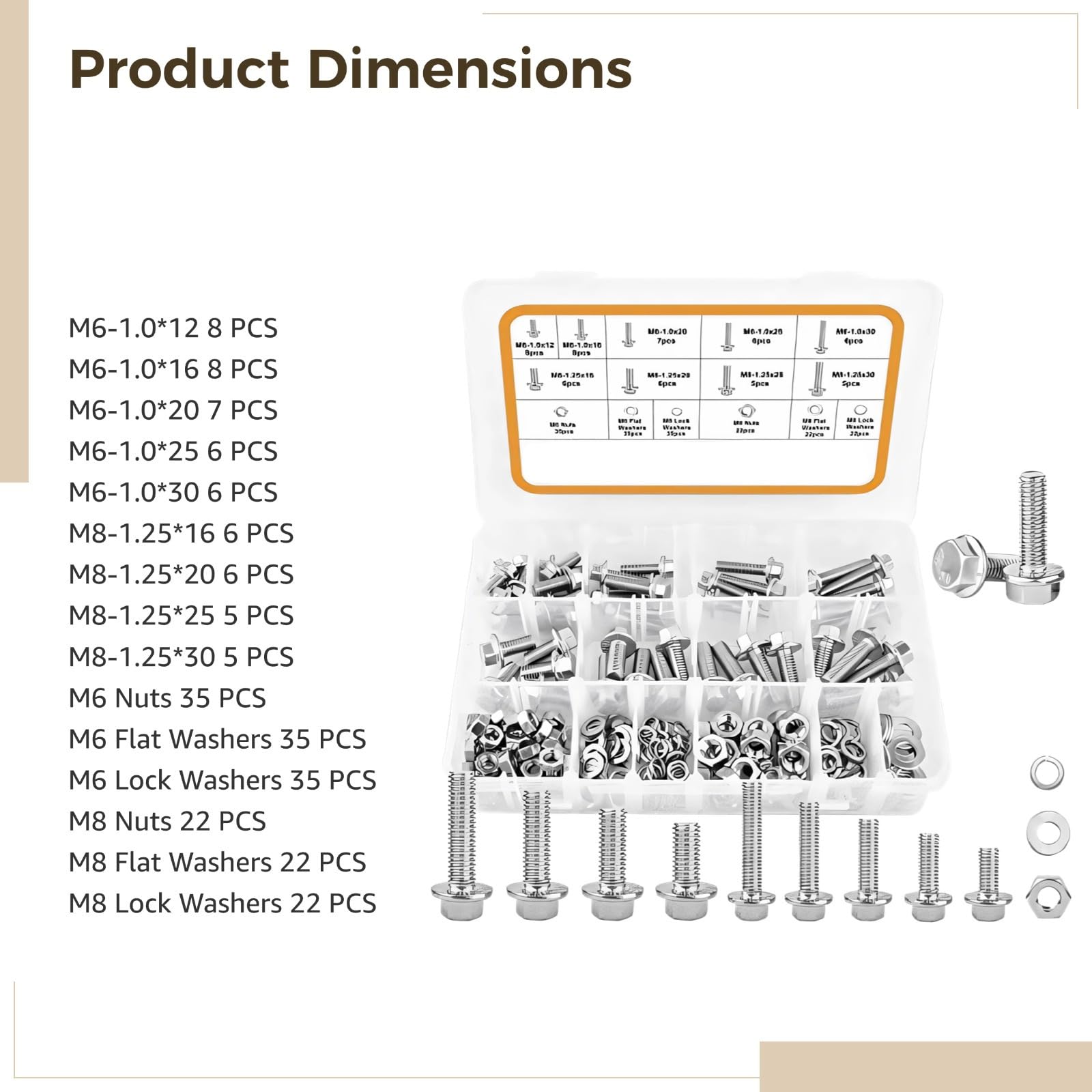 M6 M8 228-teiliges metrisches Schrauben-Set, Edelstahl-Sortiment mit Muttern, Unterlegscheiben und Flansch-Sechskantschrauben