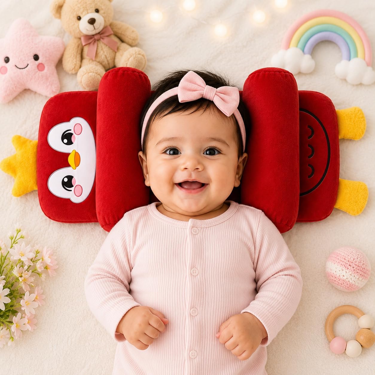 Cute Cartoon Baby Pillow Cushion with Adjustable Side Rollers | Penguin Design | 0–12 Months(Red)-image-49