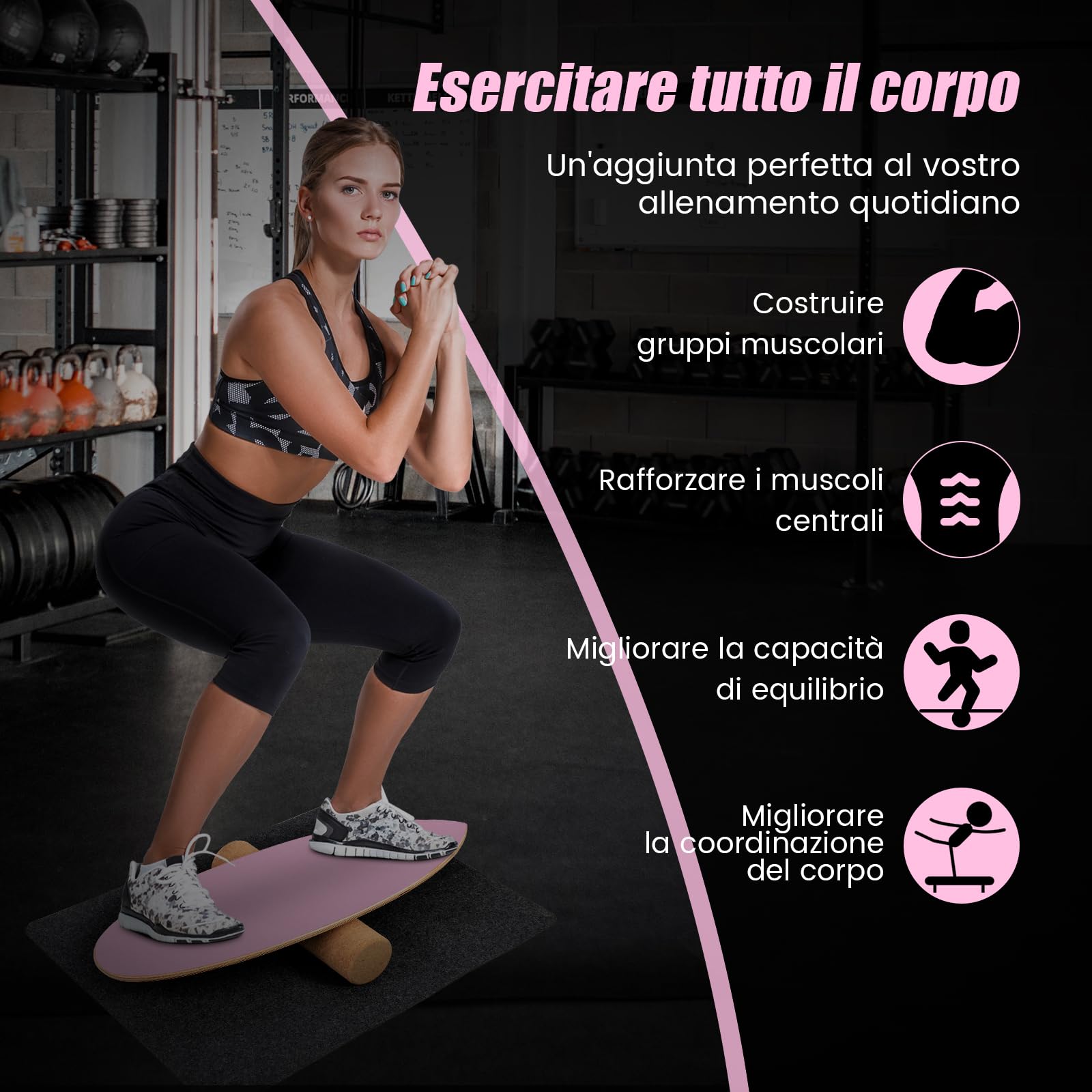 COSTWAY Balance Board in Legno, Tavola di Equilibrio con Rullo e Tappetino per Allenamento Skateboard Hockey Snowboard Surfing, Attrezzi 3 in 1 per Esercizi Equilibrio e Tonificazione Core