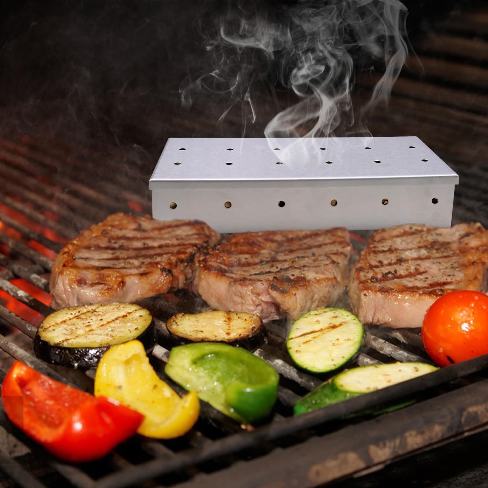 Skrzynka na wędzarnia, wędzarnia do grilla, grill ze stali nierdzewnej, wędzarnia do grilla do mięsa, wędzarnia do grilla na mięso, pudełko na grilla gazowego, węgiel drzewny i grill gazowy (z wiórami
