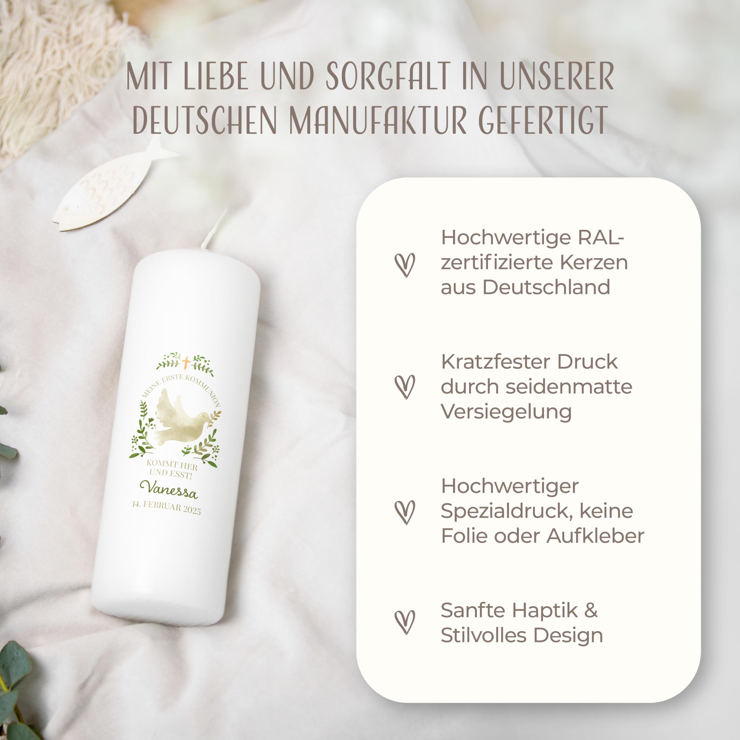 AMARI ® Kommunionkerze personalisiert Taube H:20cm/⌀:7cm - Kerze Kommunion - Kommunionkerze Junge/Mädchen