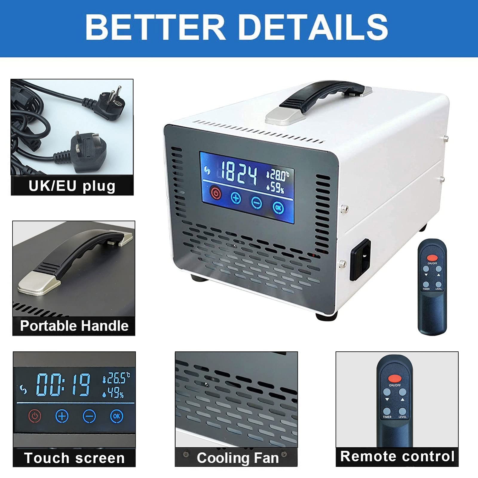 Generador de Ozono Comercial con Pantalla Táctil y Control Remoto, Esterilizador Ozonizador Industrial, Generadores de Ozono Portátil de Alta Capacidad para Fábrica, Hotel, Etc.,White-30000mg/h