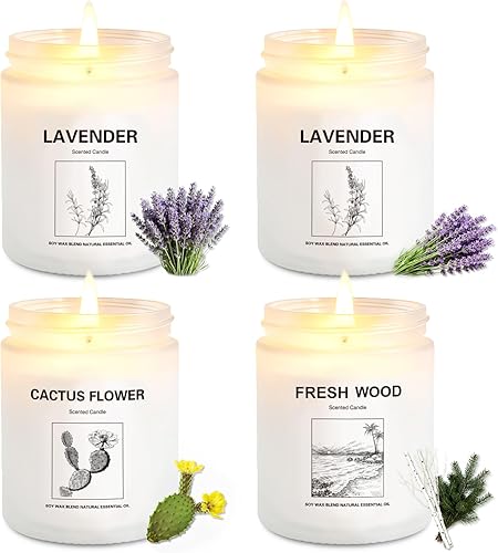 Velas perfumadas para el hogar, paquete de 4 velas de soja de regalo con 4 aromas de fragancia, velas florales y de madera de lavanda de