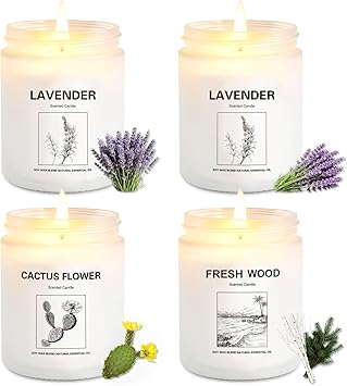 4 Pack Soy Wax Candle Gift Set – Long Lasting Aromatherapy Candles for Home, Lavender, Cactus Flower & Wood Scents, Natural Relaxing Spa Candles for Women