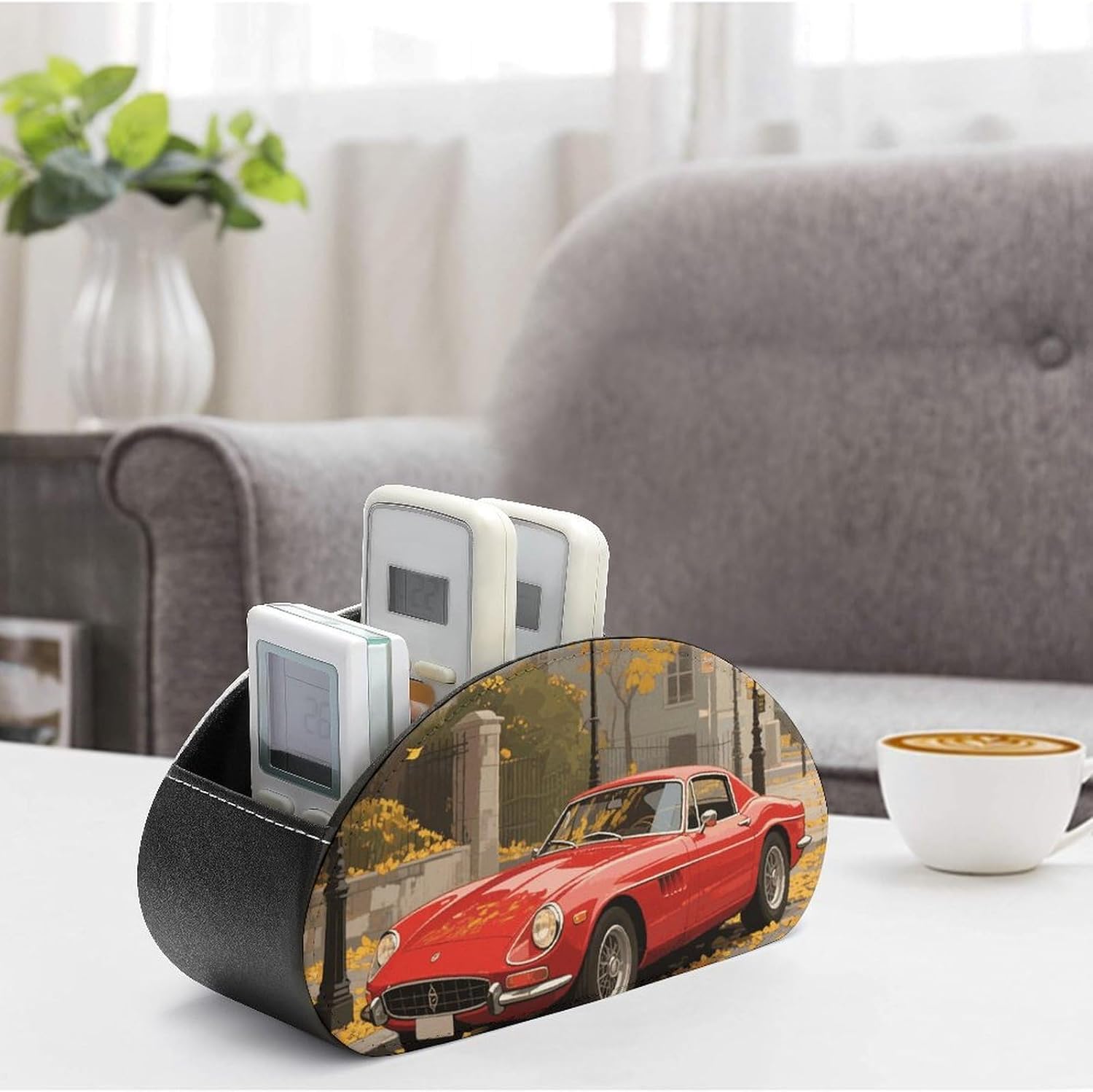 Remote Control Holder - Retro Red Car Remote Caddy with 5 Compartments, Leather Desktop Organizer Storage Box for TV Remotes, Makeup Brushes, Pens, Office Supplies image 4