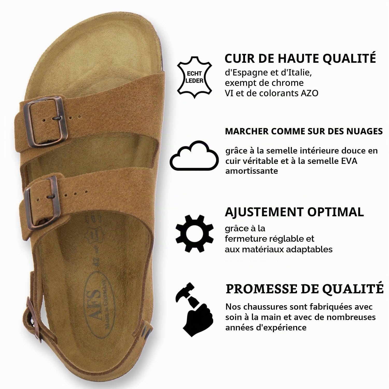 AFS-Schuhe Sandales confortables en cuir pour homme, taille 40-47, fabriquées en Allemagne