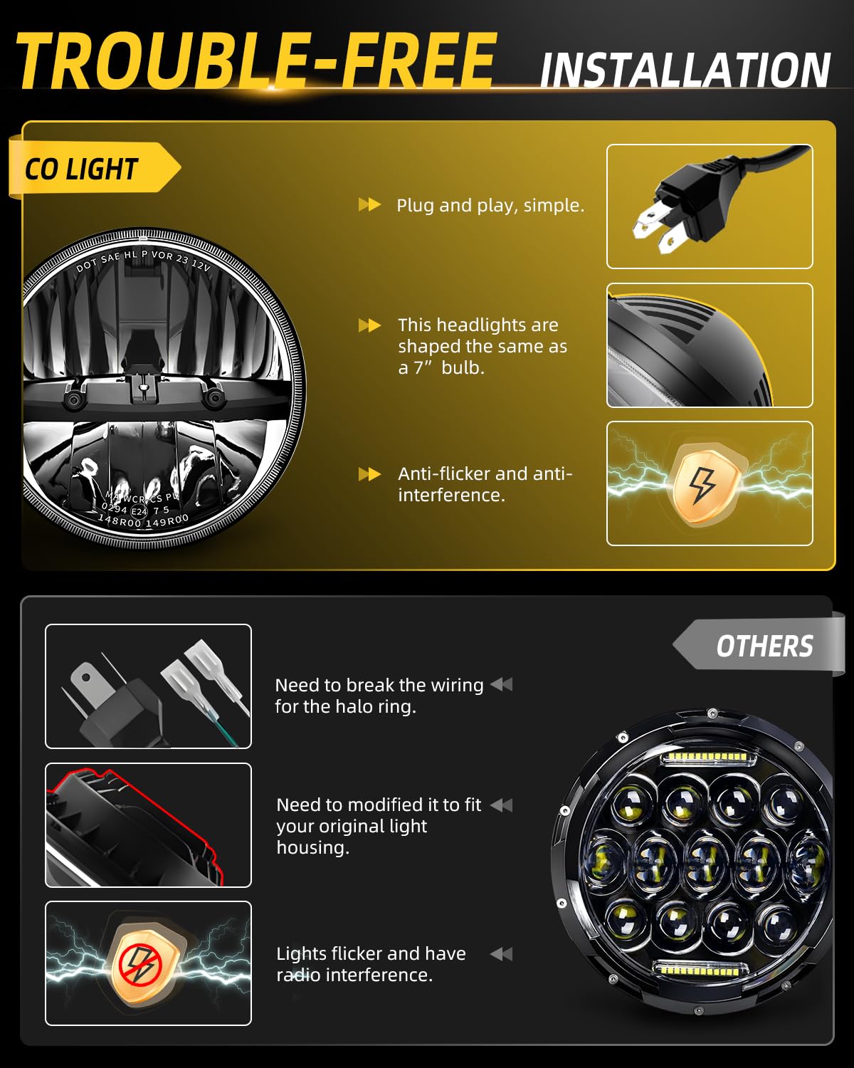 CO LIGHT 7 Inch LED Headlight Round E-Mark Approved HiLo Beam Compatible with JK TJ LJ CJ H6024 Headlamps 2PCS product thumbnail 6