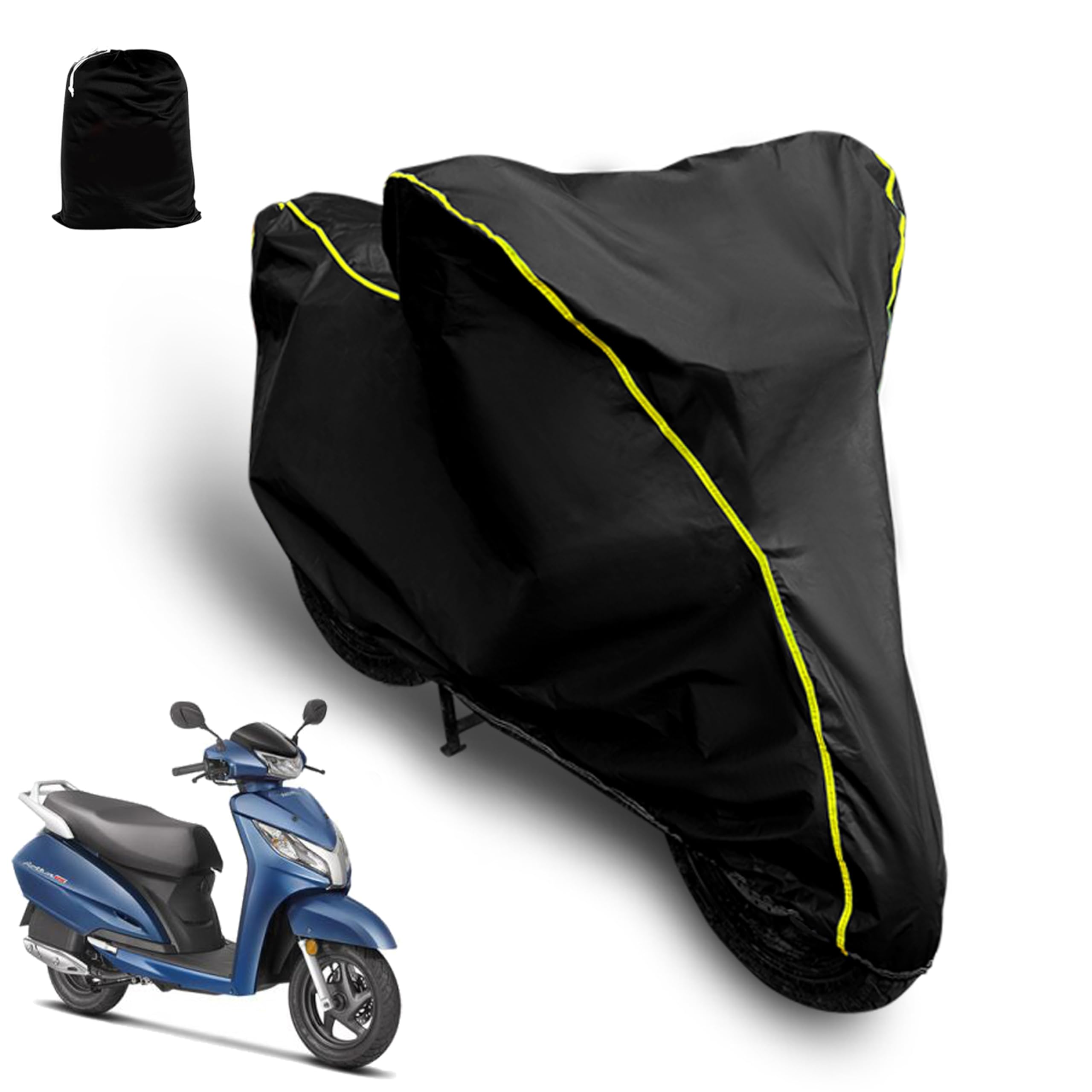 AUTOCOZEN Waterproof Scooty Cover Compatible with Honda Activa 125 Cover with All Weather Protection and Triple Stitch, Heavy Buckle with Storage Bage & Black with Yellow Piping-image-22