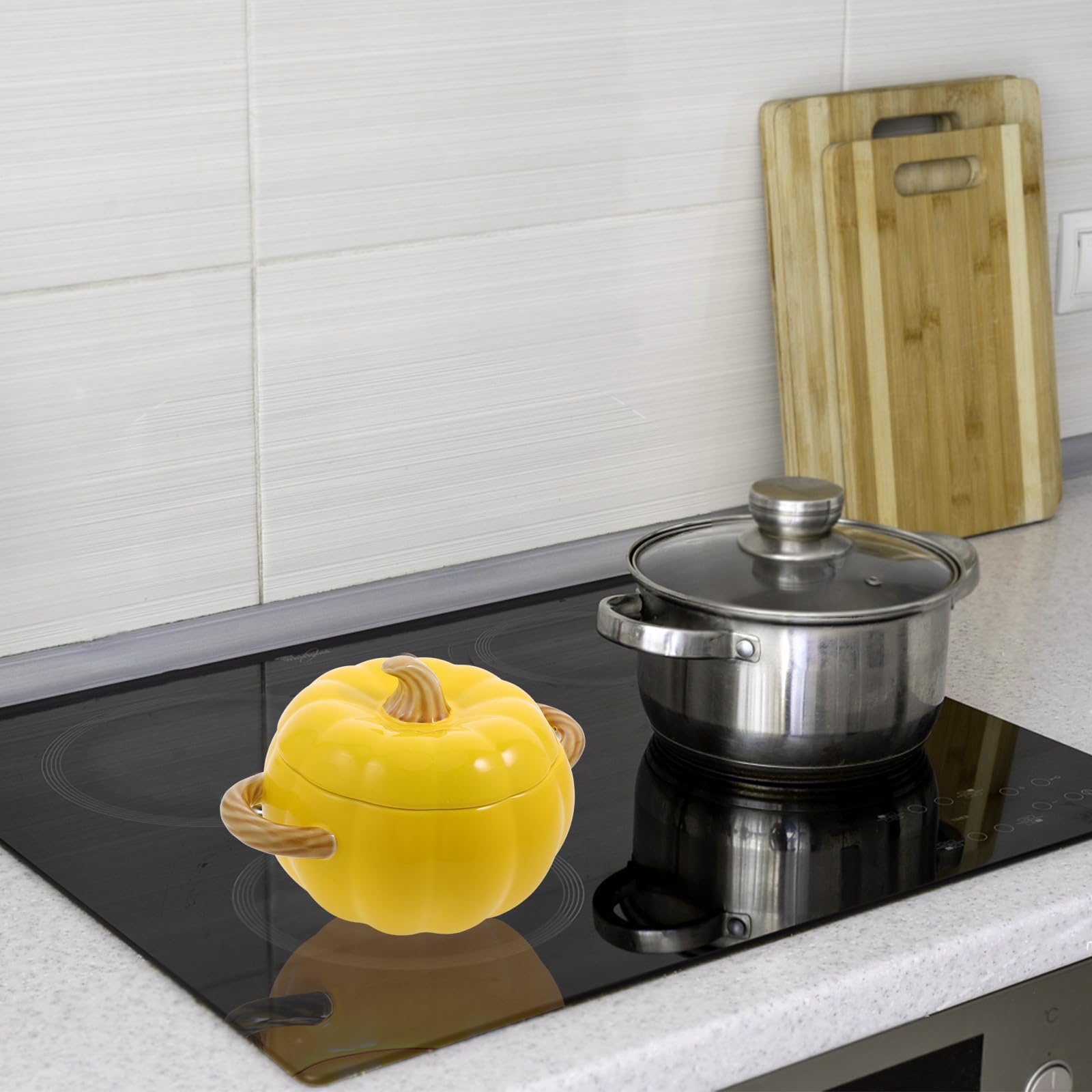 Cabilock Tazón de Sopa de Cerámica con Forma de Calabaza de 1500ml, con Tapa y Asas Dobles, Reutilizable y Conveniente para Uso en Casa o Restaurante