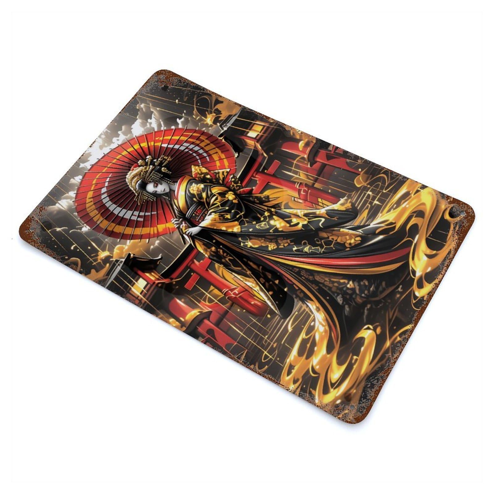 Golden Japanese Geisha 11.8"x7.9" Rustic Tin Plaque, Farmhouse Wall Decor for Basement, Hobby Room And Garage Decor