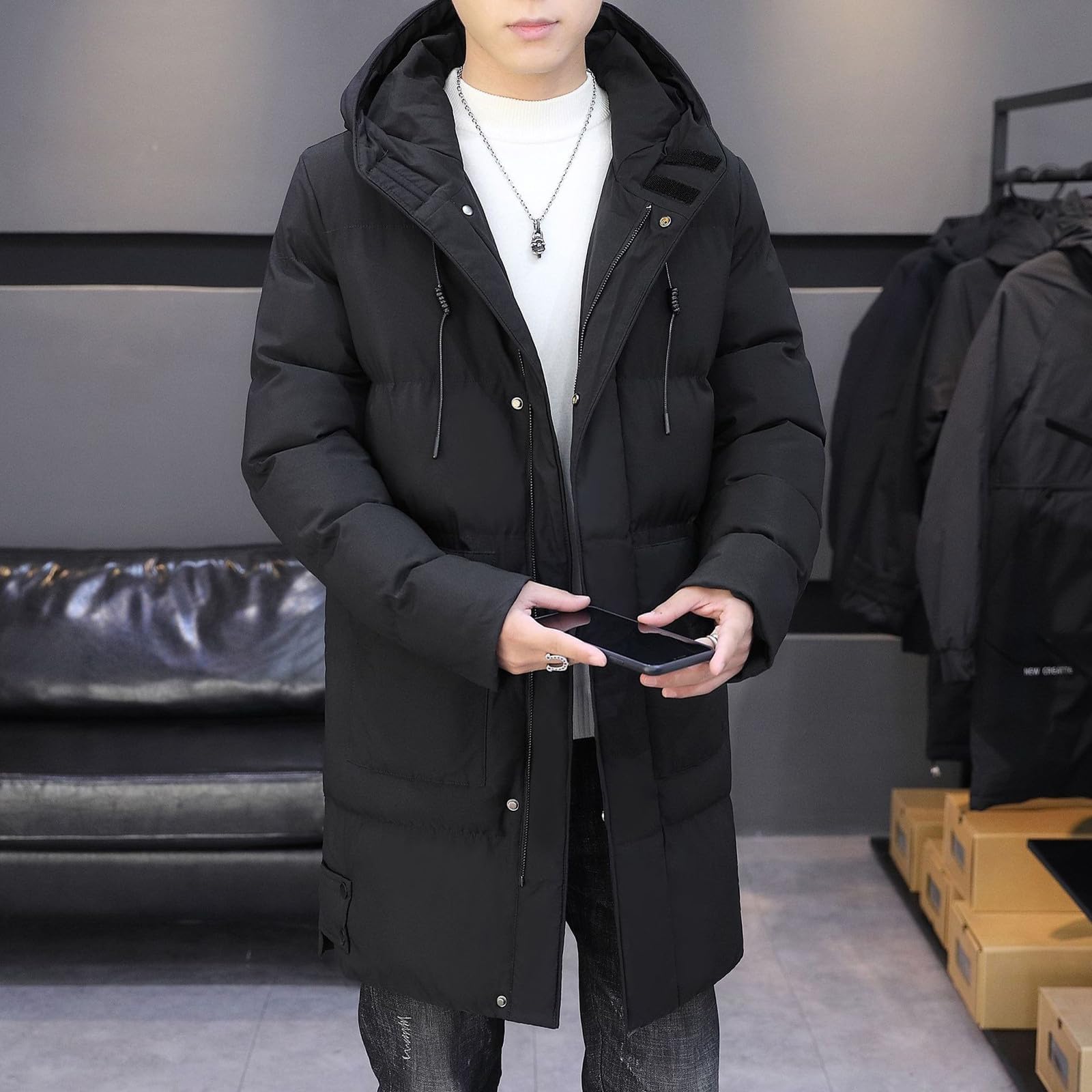 Cappotto lungo trapuntato da uomo, cappotto da uomo con cappuccio, piumini, caldo, antivento, invernale, con cerniera, cappotti invernali lunghi da uomo