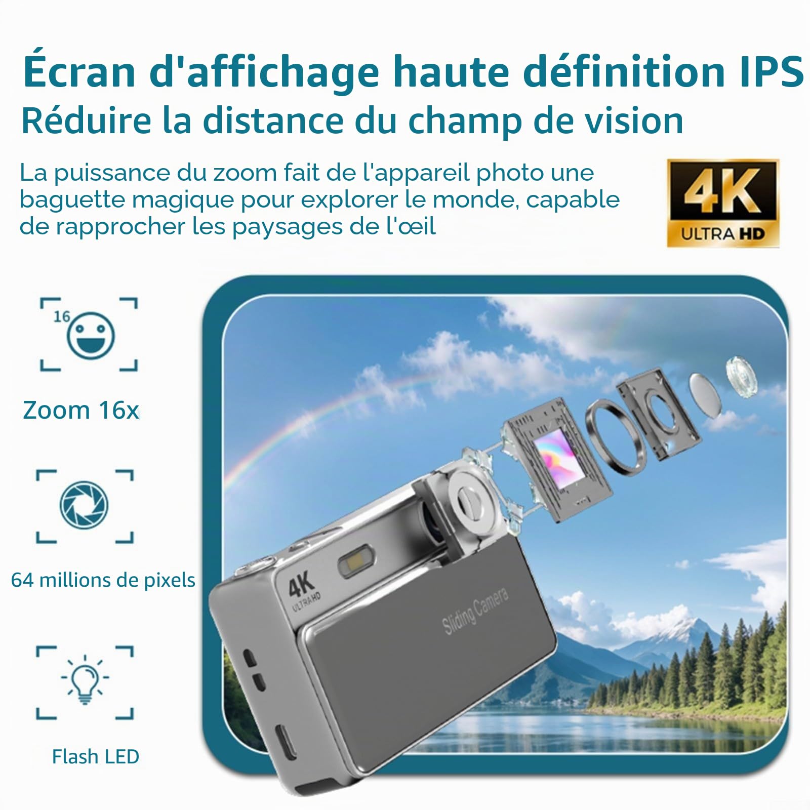 Appareil photo numérique coulissant 64 MP avec zoom numérique 16x, écran HD de 2,8", vidéo 4K, design compact et portable pour étudiants et débutants (Blanc)(Rose)