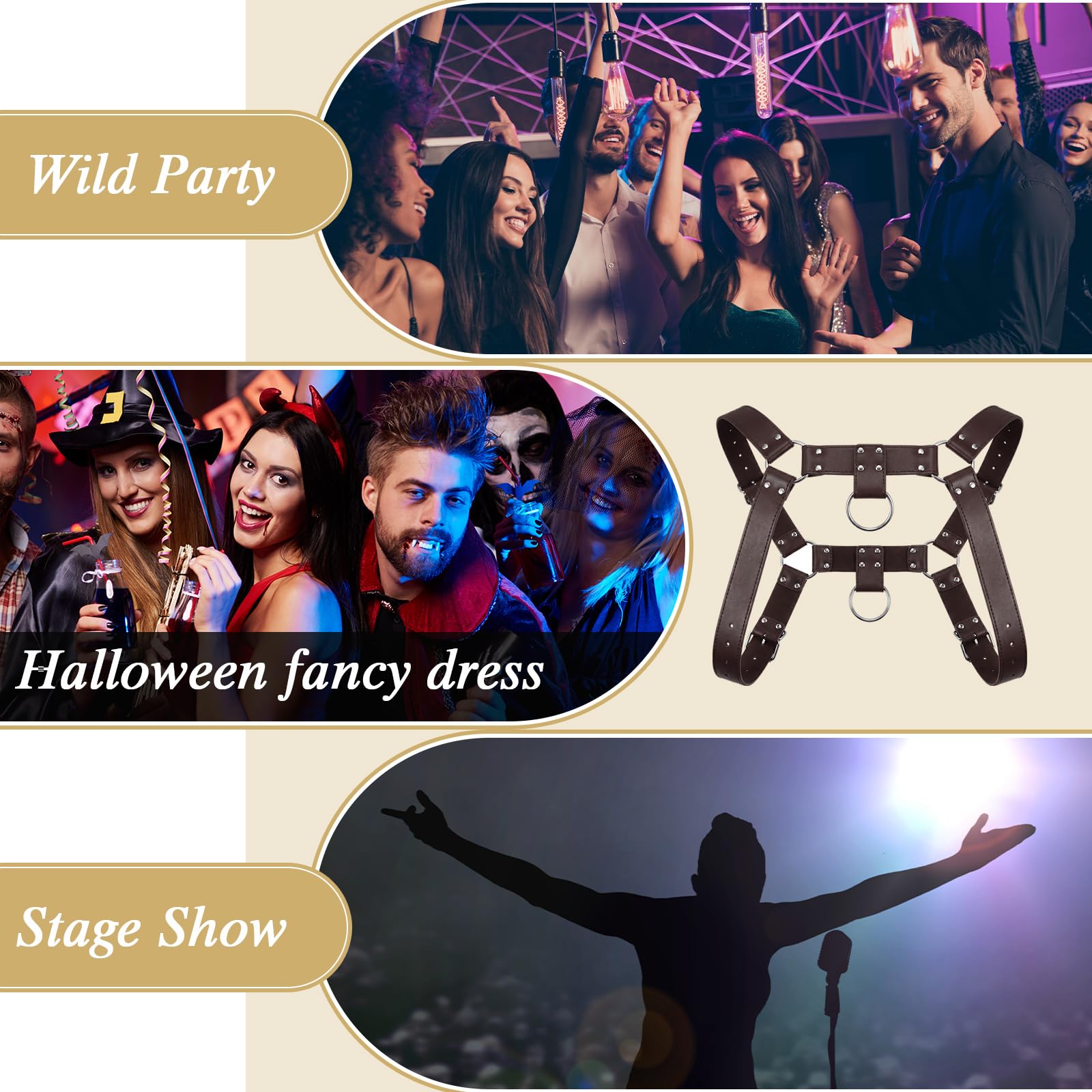 BBTO Cintura Pettorale per Corpo da Uomo Regolabile Cinghia per Petto con Anello Fibbia Punk per Costume di Halloween, Nero