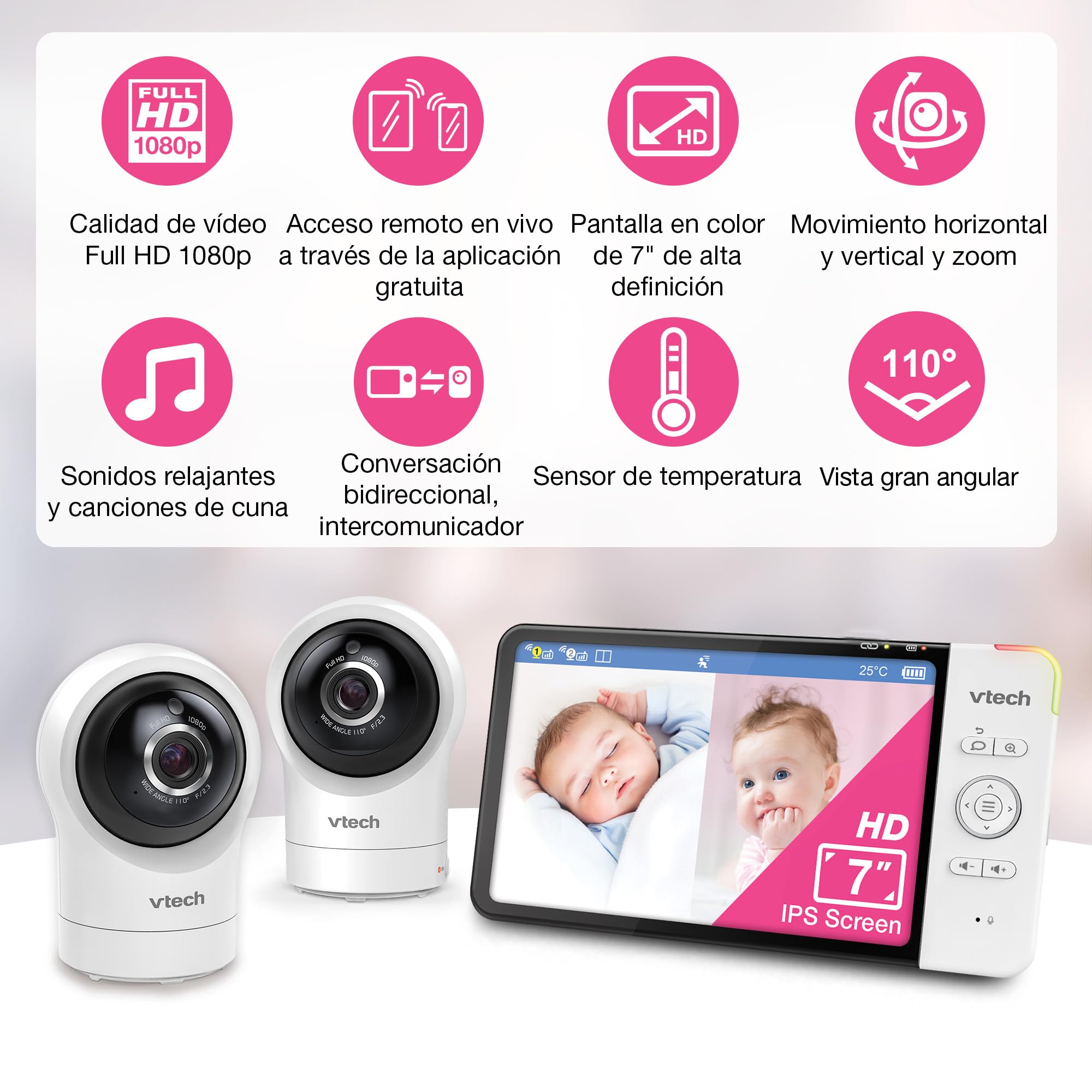 VTech Inteligentna elektroniczna niania z kolorowym ekranem HD 7", Wi-Fi, 2 kamery z kamerą FHD 1080p, darmowa aplikacja, funkcja pochylania zoomu, kołysanki, uspokajające dźwięki, funkcja domofonu