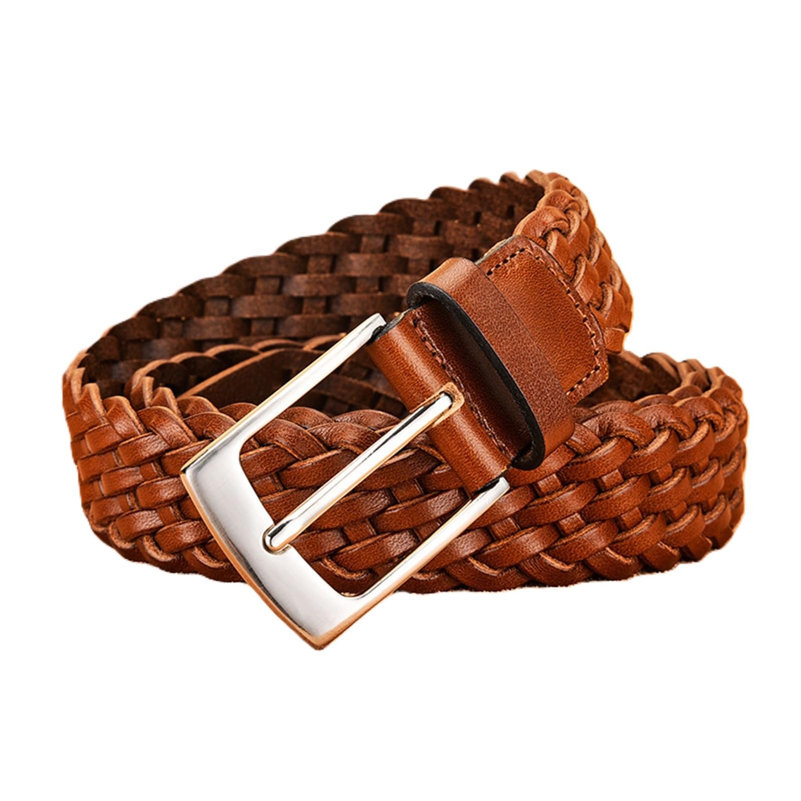 AGUTALITHIC Womens Mens Fully Adjustable Leather Braided Belt Woven Waist Strap with Prong Alloy Buckle for Jeans,Dress,Pants(105cm/41, Brown-3.4cm)