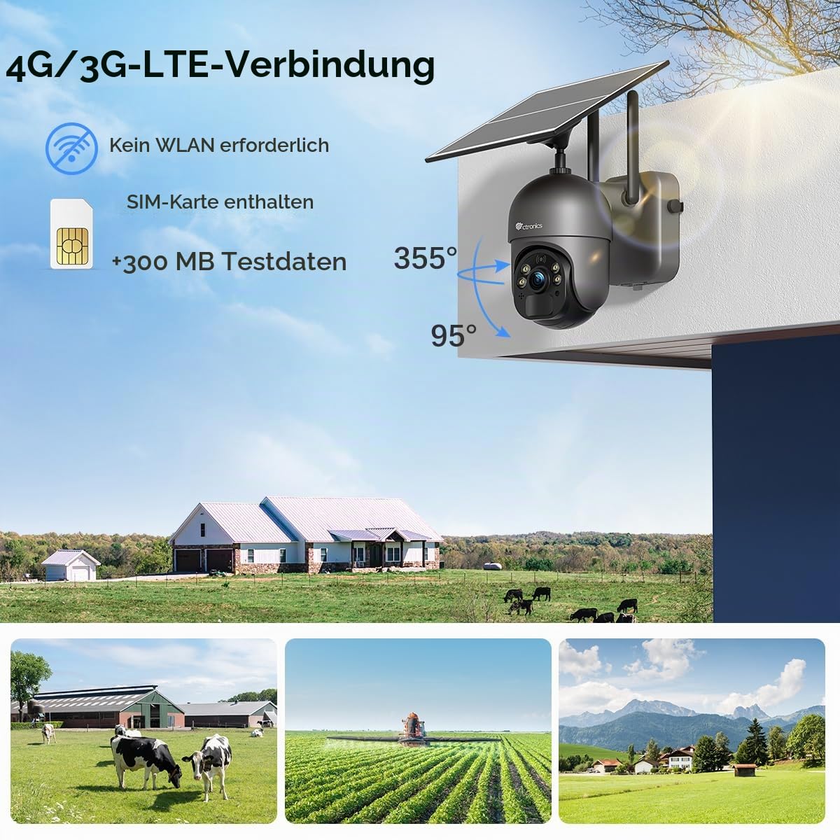 Ctronics 4MP 4G Überwachungskamera Aussen Solar, 10400 mAh Akku & 6W Solarpanel, 2.5K QHD 30 m Farb-Nachtsicht, PC/App, Licht- & Tonalarm, FTP, Cloud/128GB TF, 2-Wege Audio, IP66