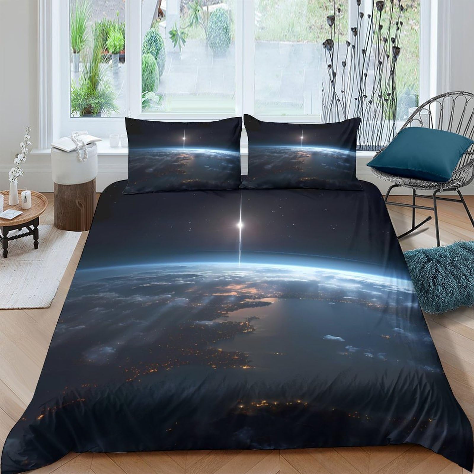 GPLZQXKJNH 3D Printed Earth Sunrise Duvet Cover Set Microfiber Soft Breathable Space Horizon Bedding with 2 Pillowcases for Bedroom Single（135x200cm）