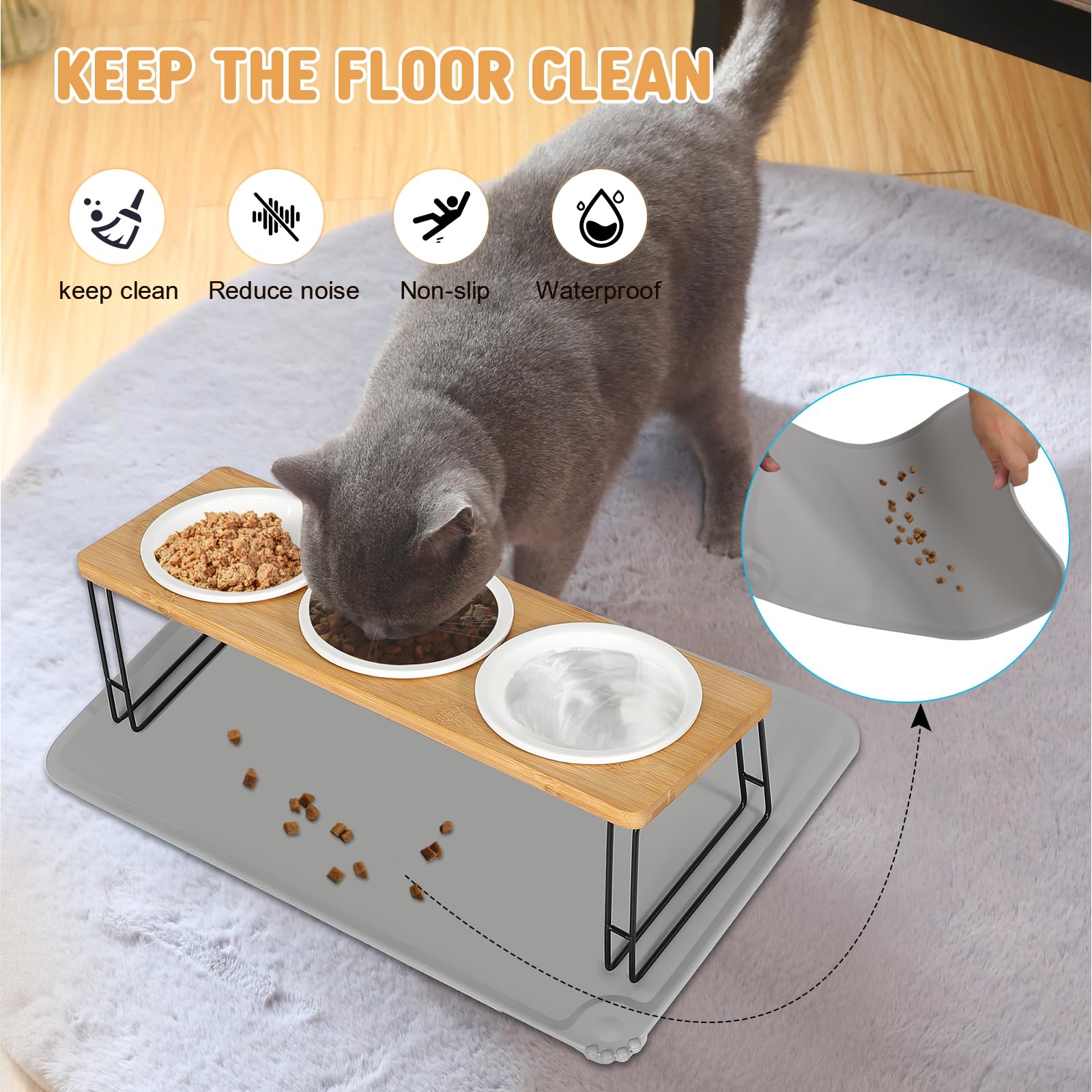 Gamelle Chat Surélevée, 3 Bols Chat Ceramique de Nourriture pour Chats et Petits Chiens avec Support 15° Incliné mit Tapis