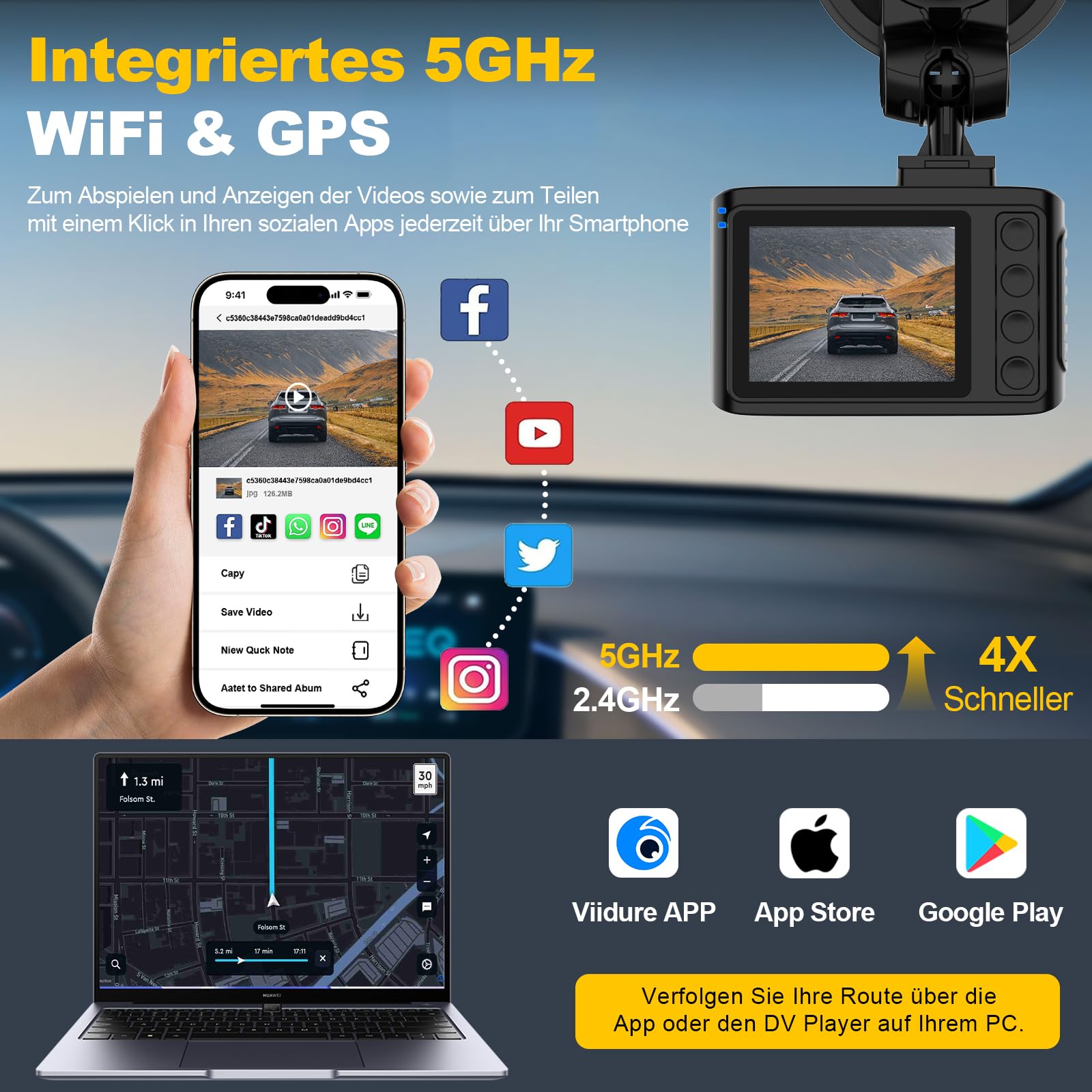 Dashcam 4K 5GHz WiFi GPS 2.0" IPS 170° Weitwinkel Dual Auto Kamera 24Std Parküberwachung Super Nachtsicht WDR G-Sensor Loop-Aufnahme 64GB SD Karte