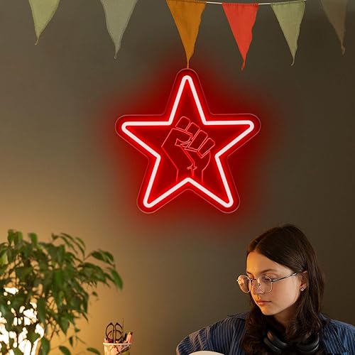 Miniatura 6 de Letrero de neón Tage Against the Machine, letrero de luz de neón regulable con puño de estrella, letreros de neón LED para cueva de hombre, letrero