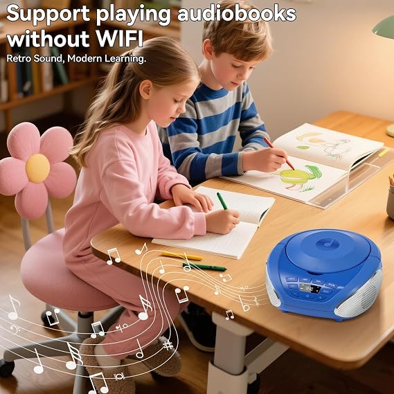 Gueray Portable CD Players for Home Boombox with Speakers Radio Blue Silver | Home Audio CD Players with AUX Input Support Headphones Playlist Mode PROG Playback for Home Outdoor Audiobooks