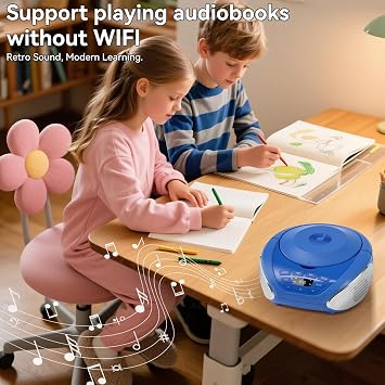 Gueray Portable CD Players for Home Boombox with Speakers Radio Blue Silver | Home Audio CD Players with AUX Input Support Headphones Playlist Mode PROG Playback for Home Outdoor Audiobooks