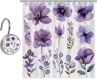 Juego de cortinas de ducha decorativas con 10 ganchos, color morado malva, lila, lavanda, flores, juego de cortina de ducha de tela impermeable, 167 x 182 cm