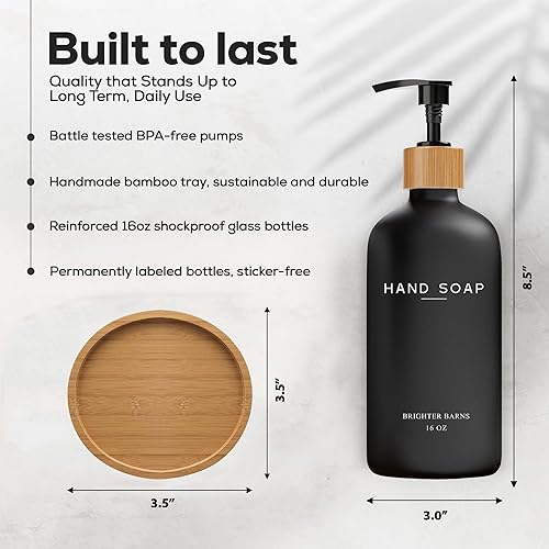 Miniatura 3 de Brighter Barns - Dispensador de jabón de manos de vidrio negro - Juego de dispensador de jabón de baño con bandeja - Botella con bomba de vidrio -