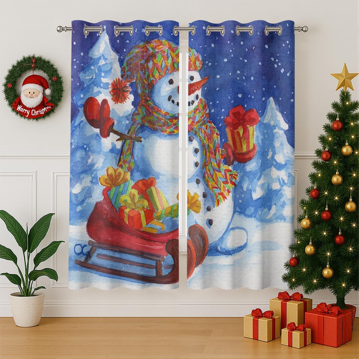 Christmas Snowman Blackout Curtains for Girls Boy Home Decor, Winter Santa Claus Sleigh Gift Grommet Thermal Insulated Drapes Darkening Window Curtain for Bedroom Living Room, 42 x 45 Inch
