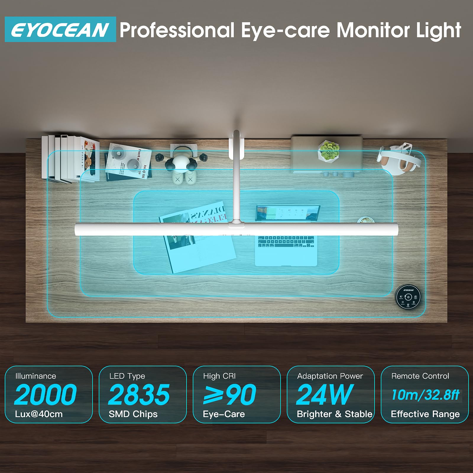 EYOCEAN Lámpara de escritorio LED con mando a distancia y control de gestos, 24W 80CM Lámpara de monitor de luz diurna regulable con 5 temperaturas de color y niveles de brillo