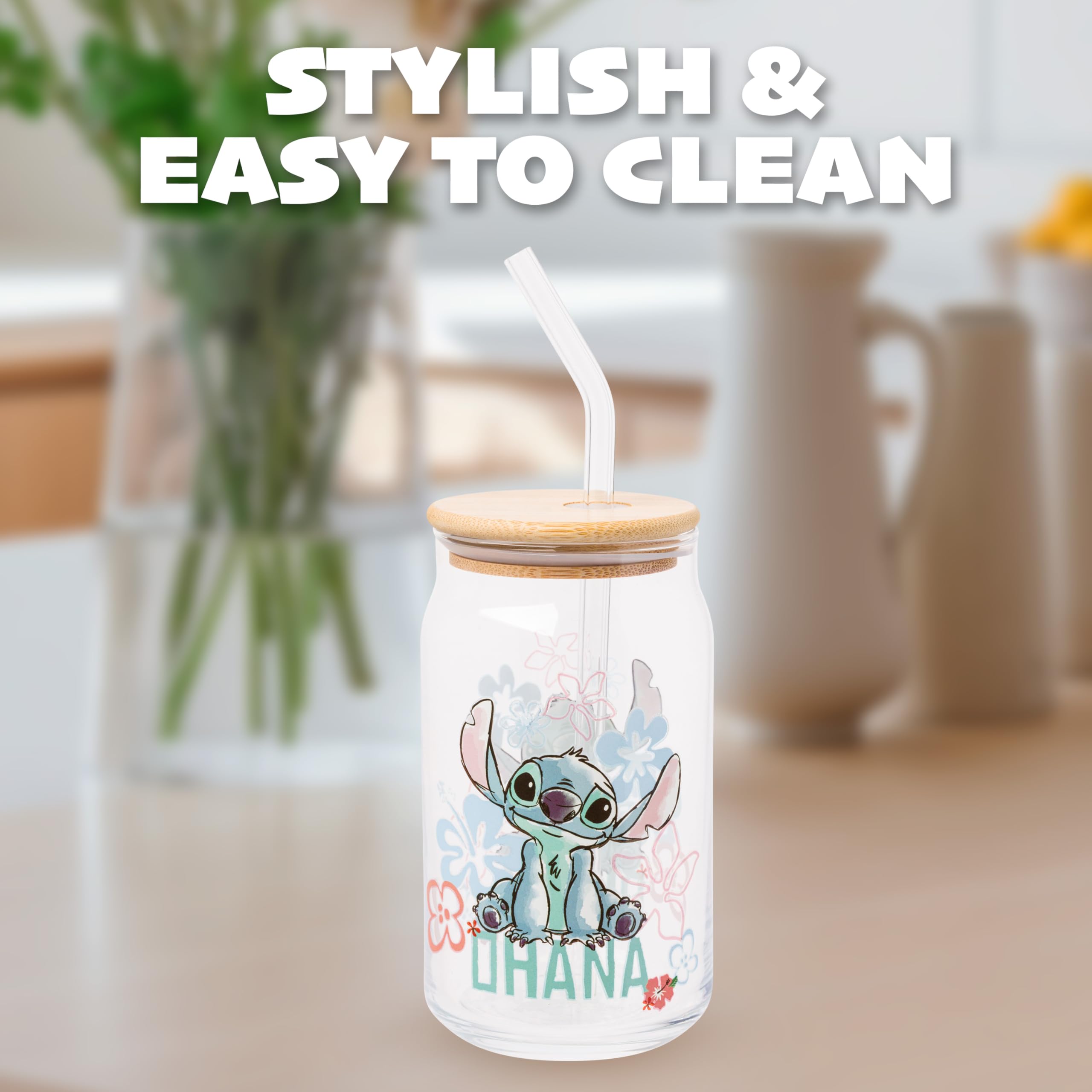 Silver Buffalo Disney Lilo and Stitch Ohana Trinkglas, 473 ml | Inklusive Bambusdeckel und Strohhalm, Glas, 0,47 Liter