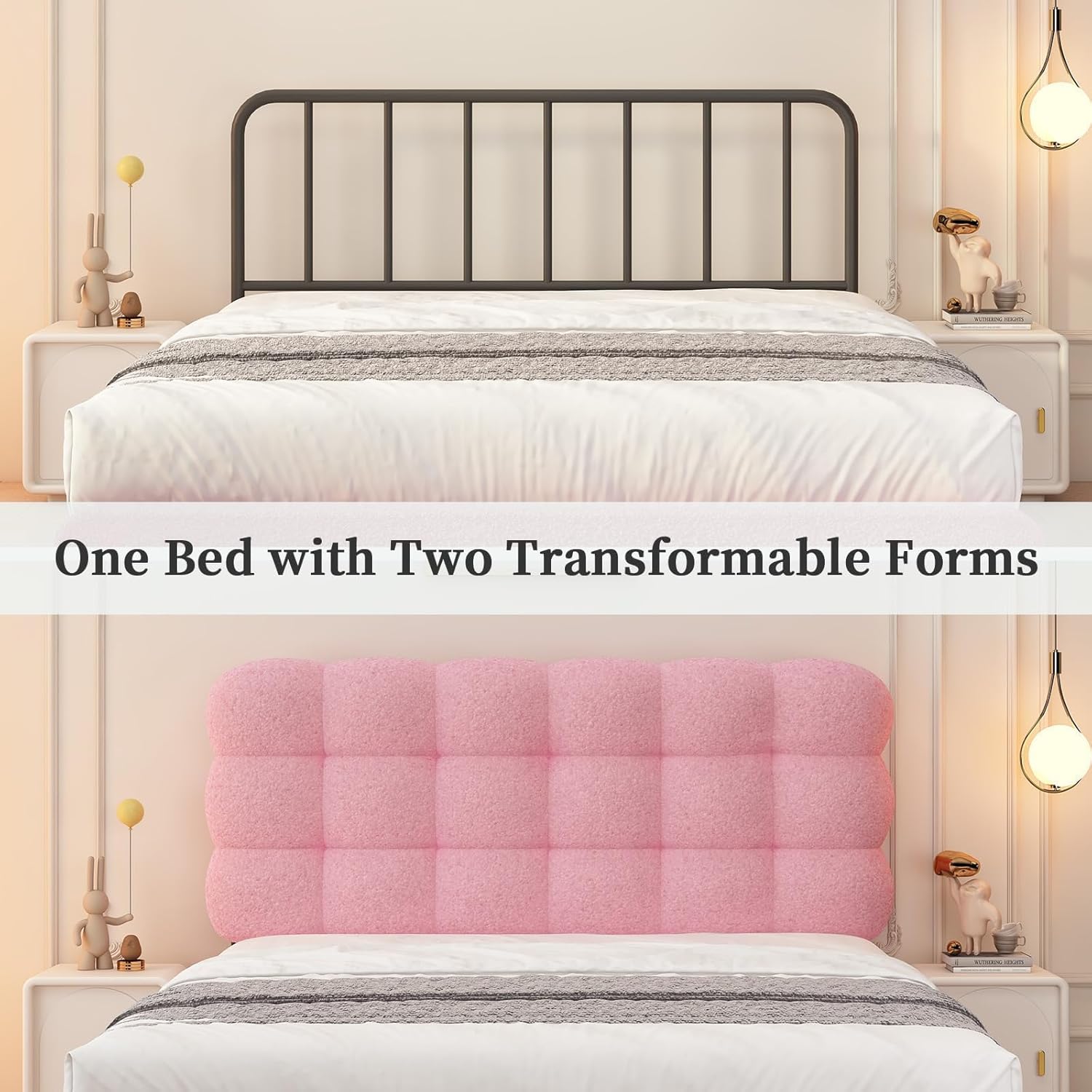 BarnFurin Full Size Bed Frame with Upholstered Headboard, Soft Boucle Fabric, Platform Bed with Strong Wooden Slats Support, Two Bed Forms Design, No Boxing Spring Needed, Easy Assembly, Pink