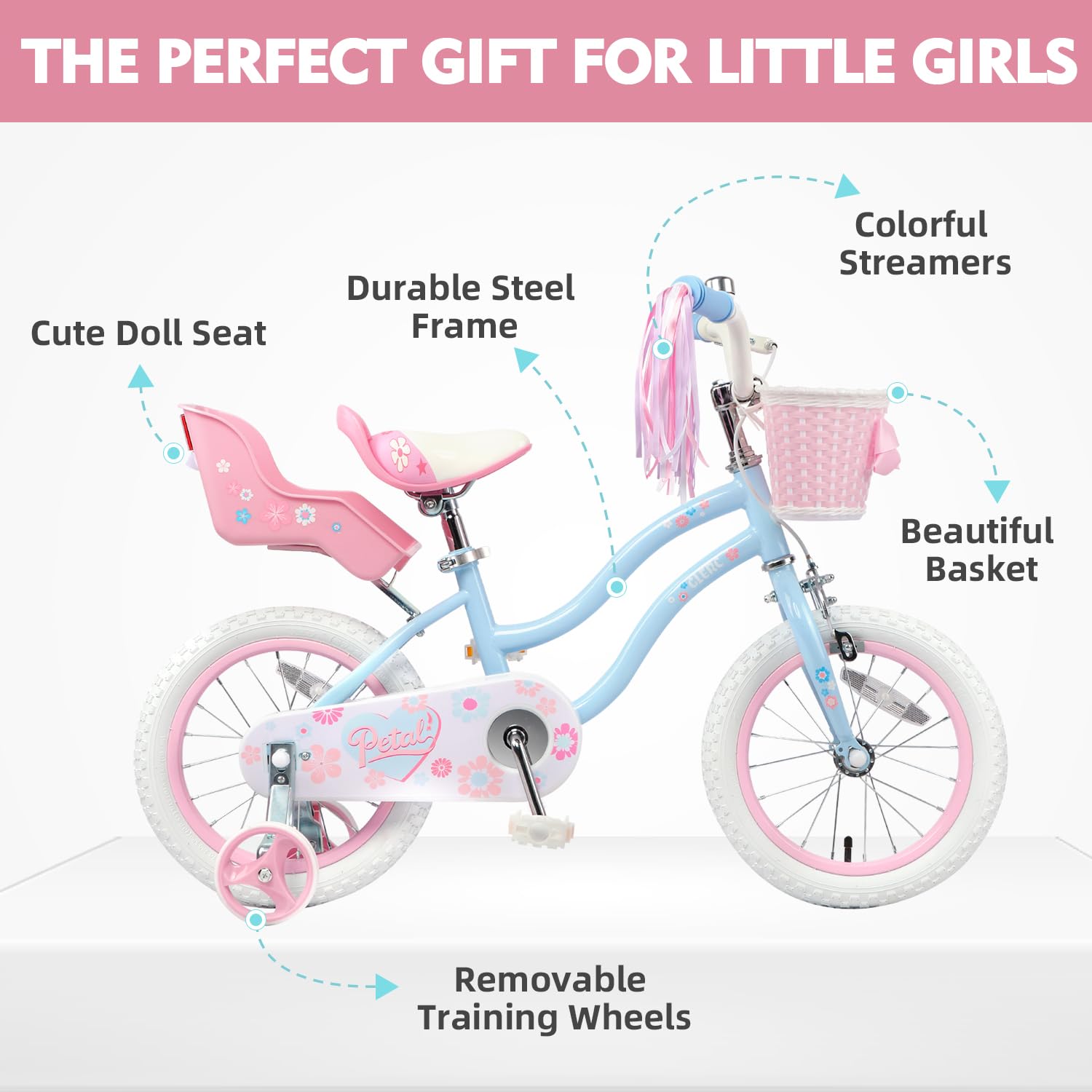 Glerc Vélo Enfant 12 14 16 Pouces pour Filles de 2-8 Ans, Style Princesse avec Pompons de Guidon, Panier et Roues d'appoint