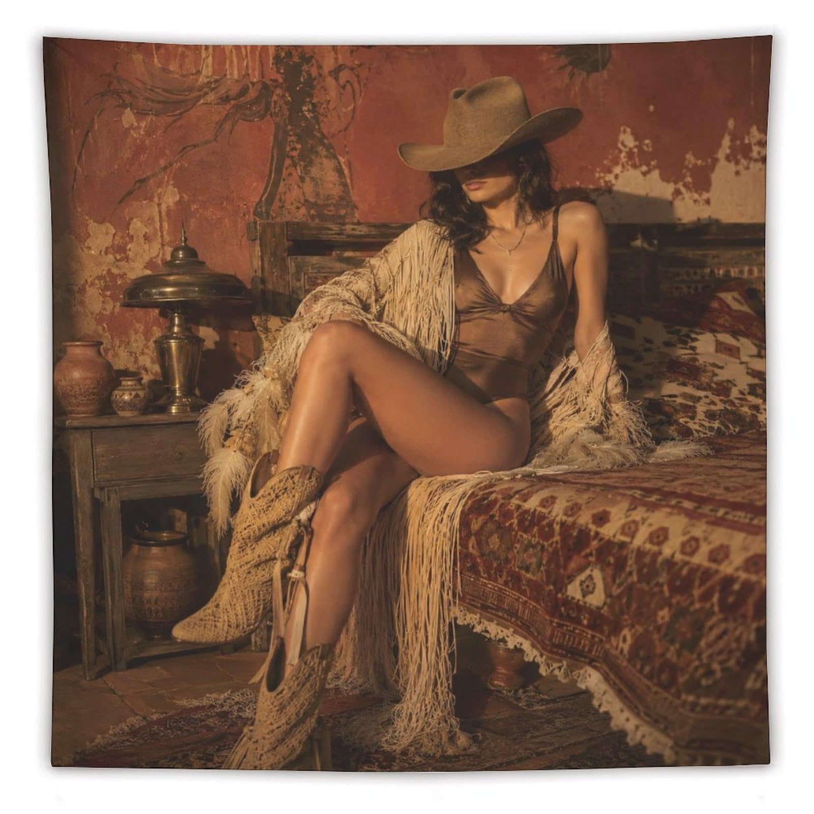 H3B8U2Y5 Western Cowgirl Portrait Wall Tapestry, Rustic Americana