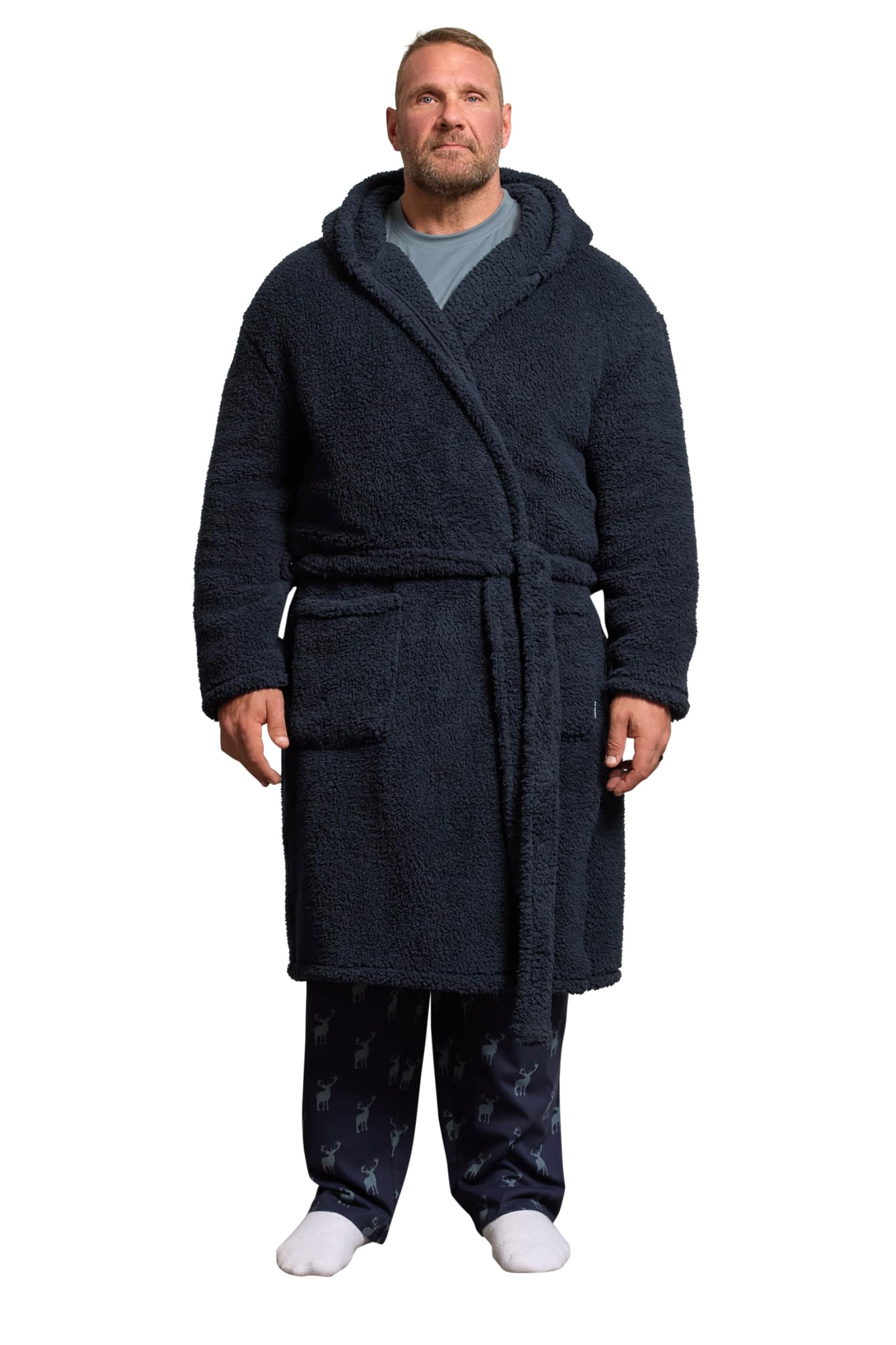 Badrhino Men's Navy Big & Tall Blue Super Soft Borg Dressing Gown - Plus Size Curve
