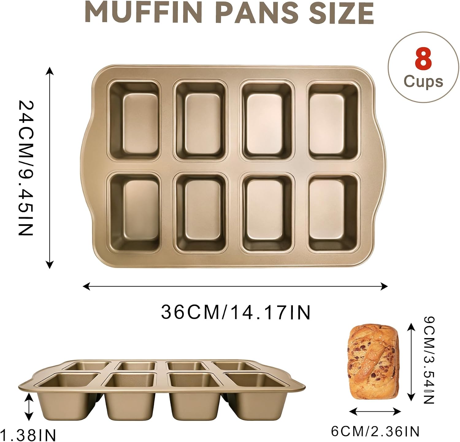 8-Cavity Mini Loaf Pan Set,Nonstick Carbon Steel Baking Pans,Oven & Dishwasher Safe, Perfect for Mini Breads, Brownies, Tarts & Quiches(2Pack -Gold)