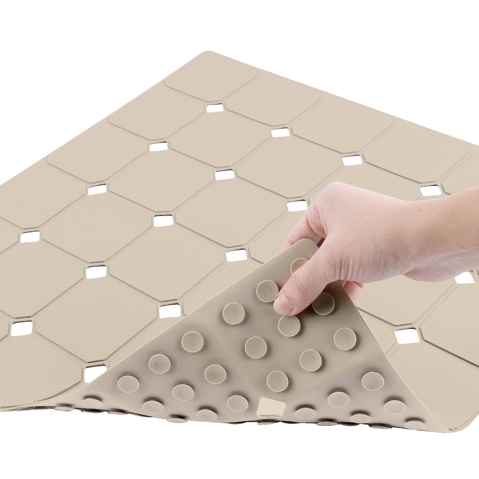 Alfombrilla de ducha beige de silicona de 21x21 pulgadas con ventosas