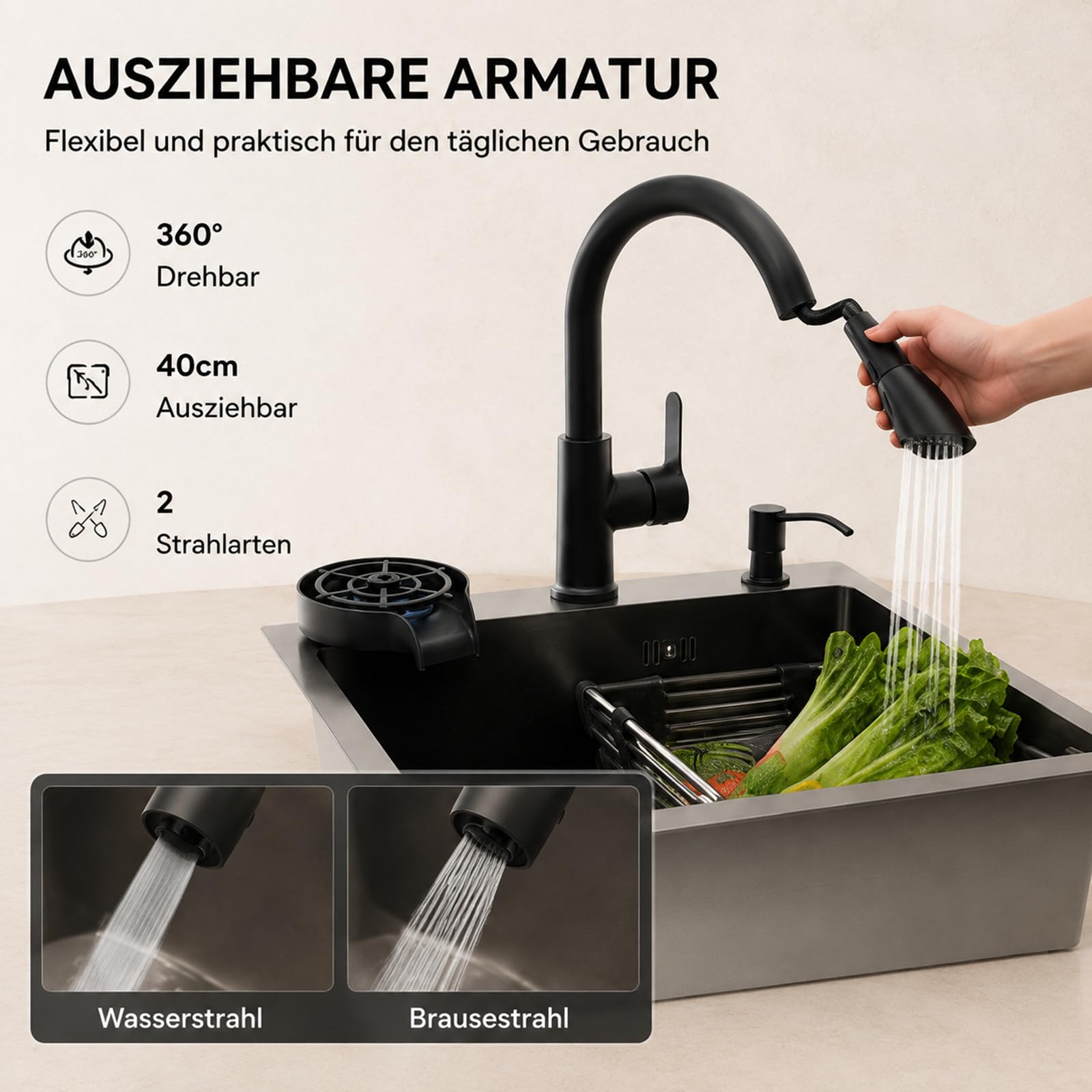Lavandino 45 x 40 cm con rubinetto da cucina estraibile, lavastoviglie, dispenser di sapone e scolapiatti – Lavello da incasso multifunzione in acciaio inox 201 con rivestimento nano – Grigio Gun-