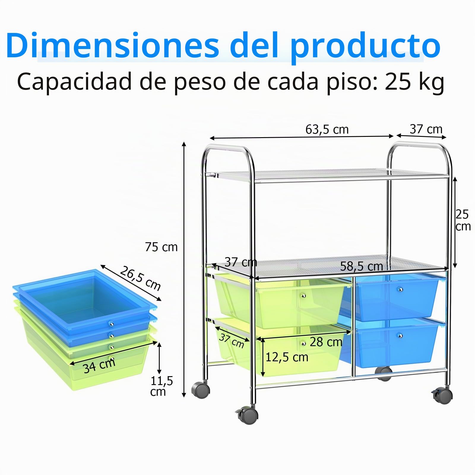 GIANTEX Carro con 4 cajones apilable, con 2 estantes y estructura de metal, carrito de baño con ruedas bloqueables, 63,5 x 37 x 75 cm