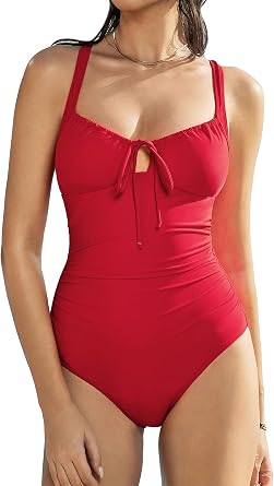 RXRXCOCO Women Tummy Control One Piece Swimsuit Ruched Slimming Bathing Suit Tie Knot Cutout Swimwear Red M