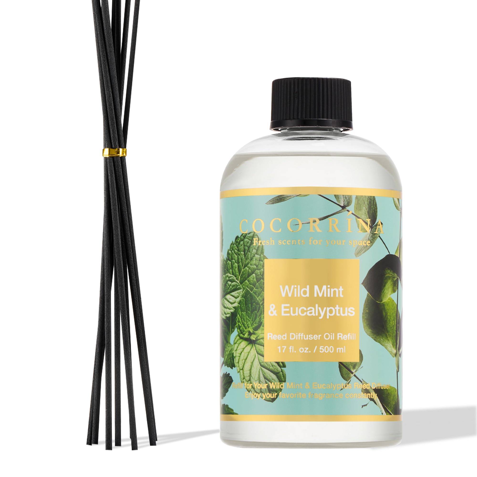 COCORRÍNA Ricarica Diffusore Ambiente 500ml con 8 Bastoncini, Wild Mint & Eucalyptus, Profumo Lungo Durata con Oli Essenziali Naturali, Camera da Letto e Bagno