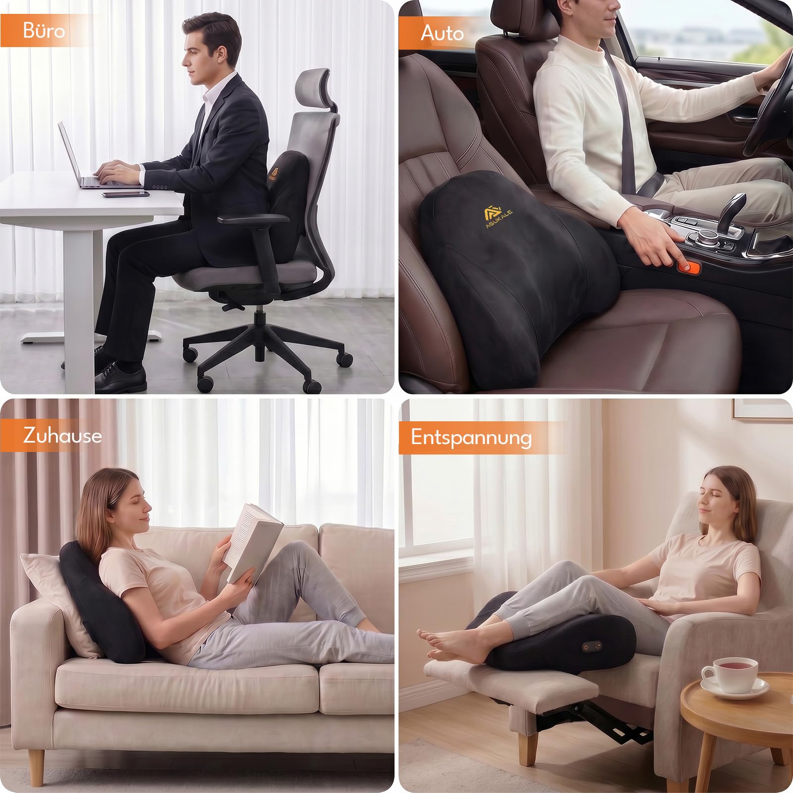 Shiatsu Massagekissen mit 8 Köpfen & Wärmefunktion, Premium Rückenmassagegerät für Bürostuhl Gaming Stuhl, ergonomisches Lendenkissen mit Memory Foam und Typ-C (Schwarz)