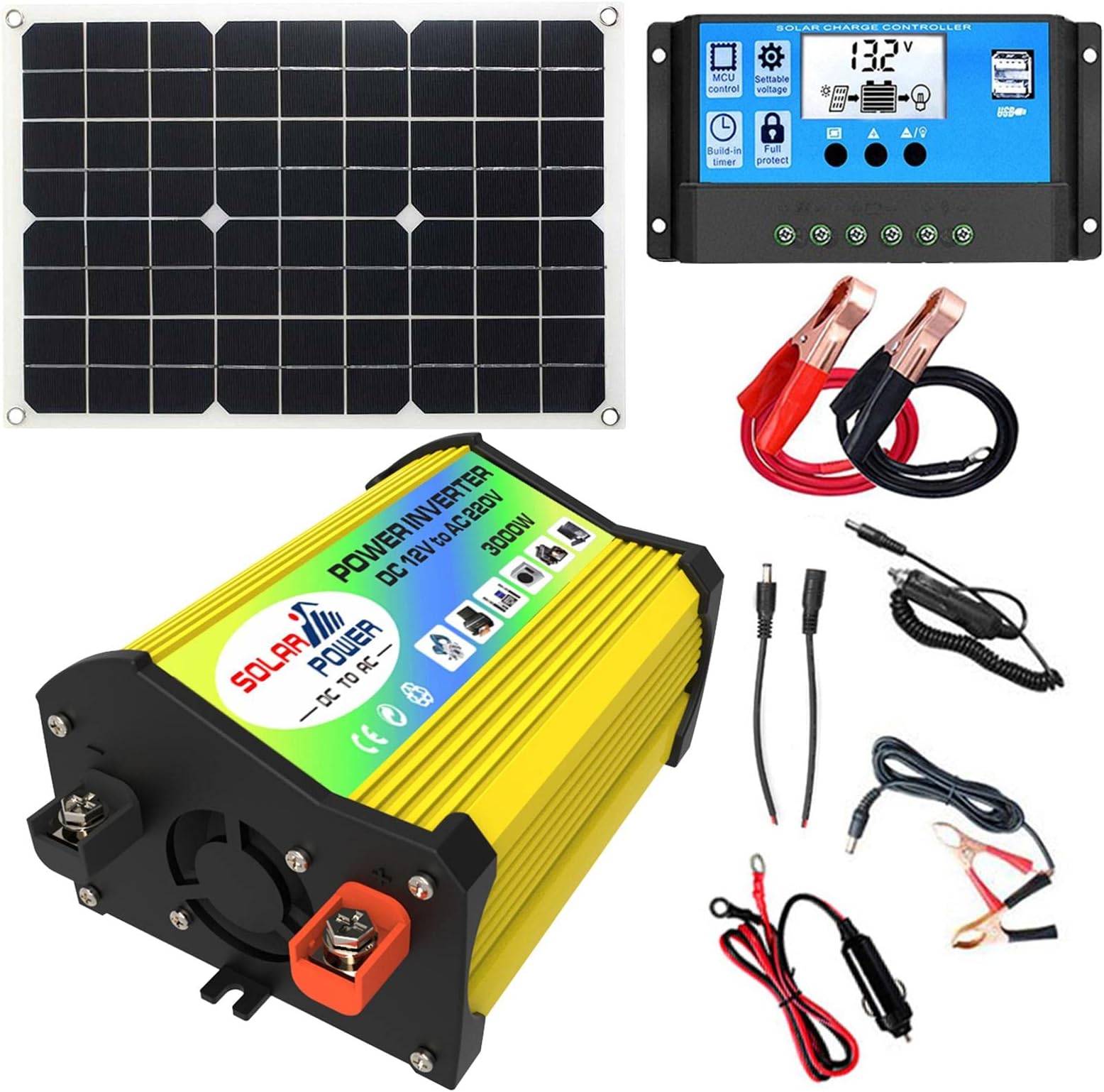 Firulab Solar Panel Kit With Inverter, Solar Panel Kit 30A Controller, Solar Power System Kit Off Grid With Solar Panel And 3000W Inverter, 30A Solar Charge Controller