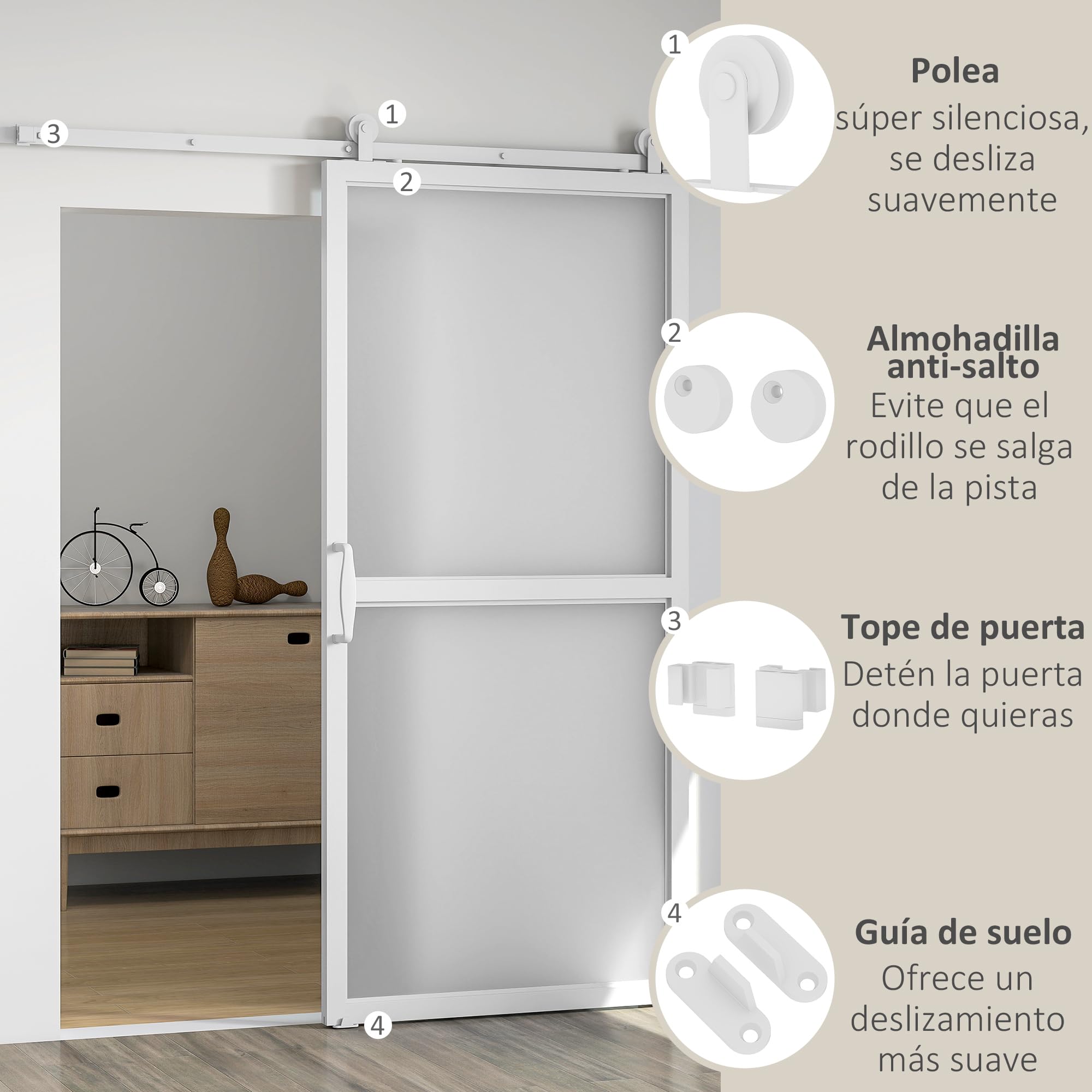 HOMCOM Hardware per porte scorrevoli 200 cm, kit di accessori per porta scorrevole con 2 guide in acciaio al carbonio e guida a pavimento, per garage, armadio/guardaroba, bianco